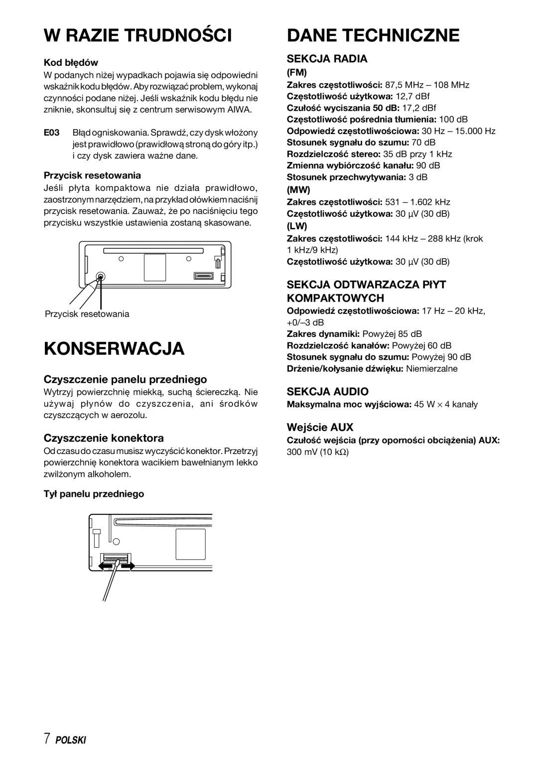 Aiwa CDC-X227 YZ operating instructions Razie Trudności, Konserwacja, Dane Techniczne 