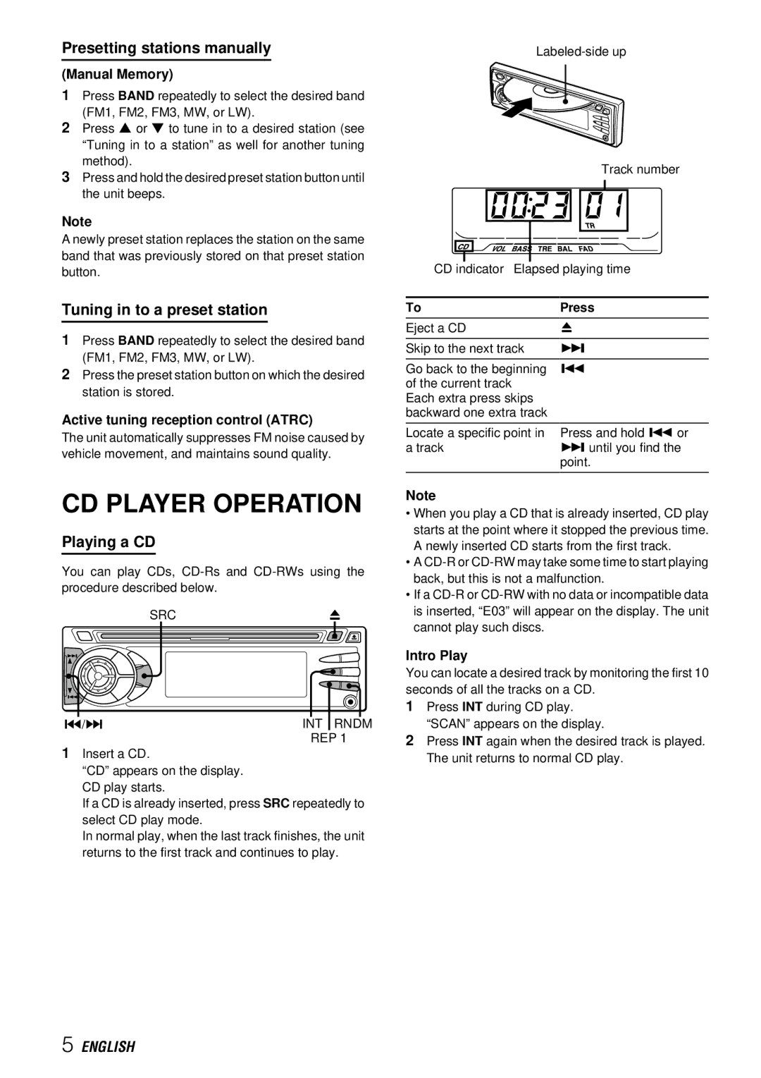 Aiwa CDC-X227 YZ CD Player Operation, Presetting stations manually, Tuning in to a preset station, Playing a CD 