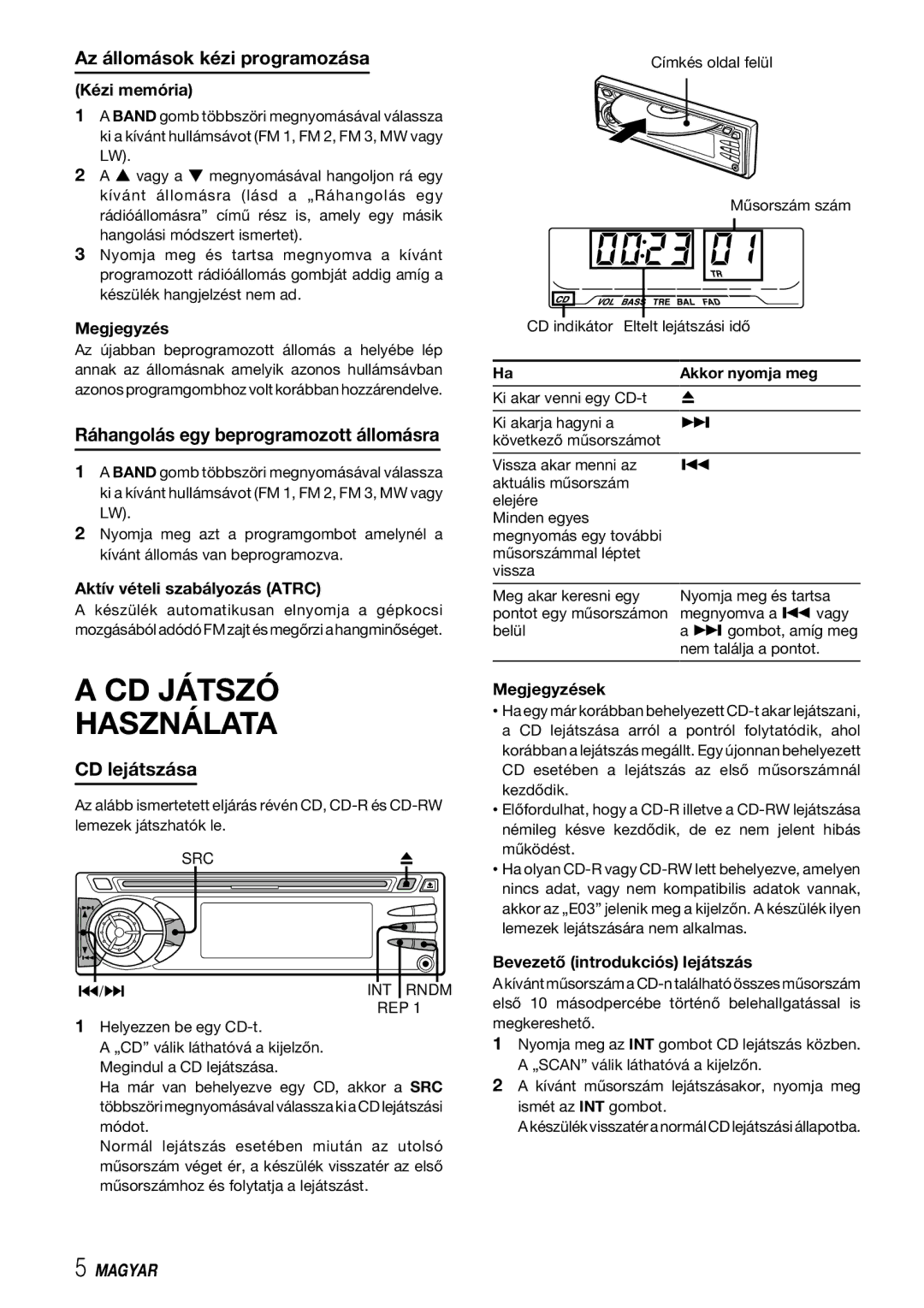 Aiwa CDC-X227 YZ CD Játszó Használata, Az állomások kézi programozása, Ráhangolás egy beprogramozott állomásra 