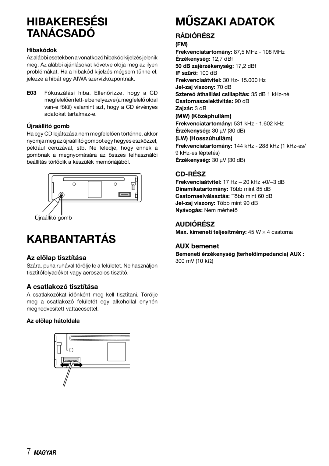 Aiwa CDC-X227 YZ operating instructions Hibakeresési Tanácsadó, Karbantartás, Műszaki Adatok 