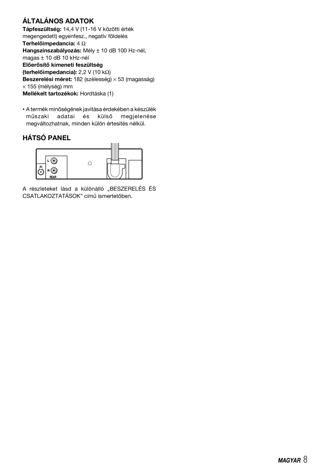 Aiwa CDC-X227 YZ operating instructions Általános Adatok, Hátsó Panel 