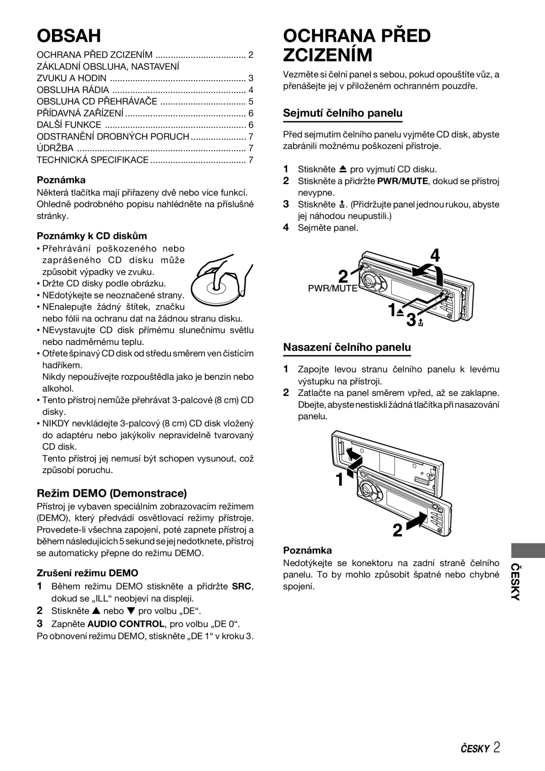 Aiwa CDC-X227 YZ Obsah, Ochrana Před Zcizením, Režim Demo Demonstrace, Sejmutí čelního panelu, Nasazení čelního panelu 