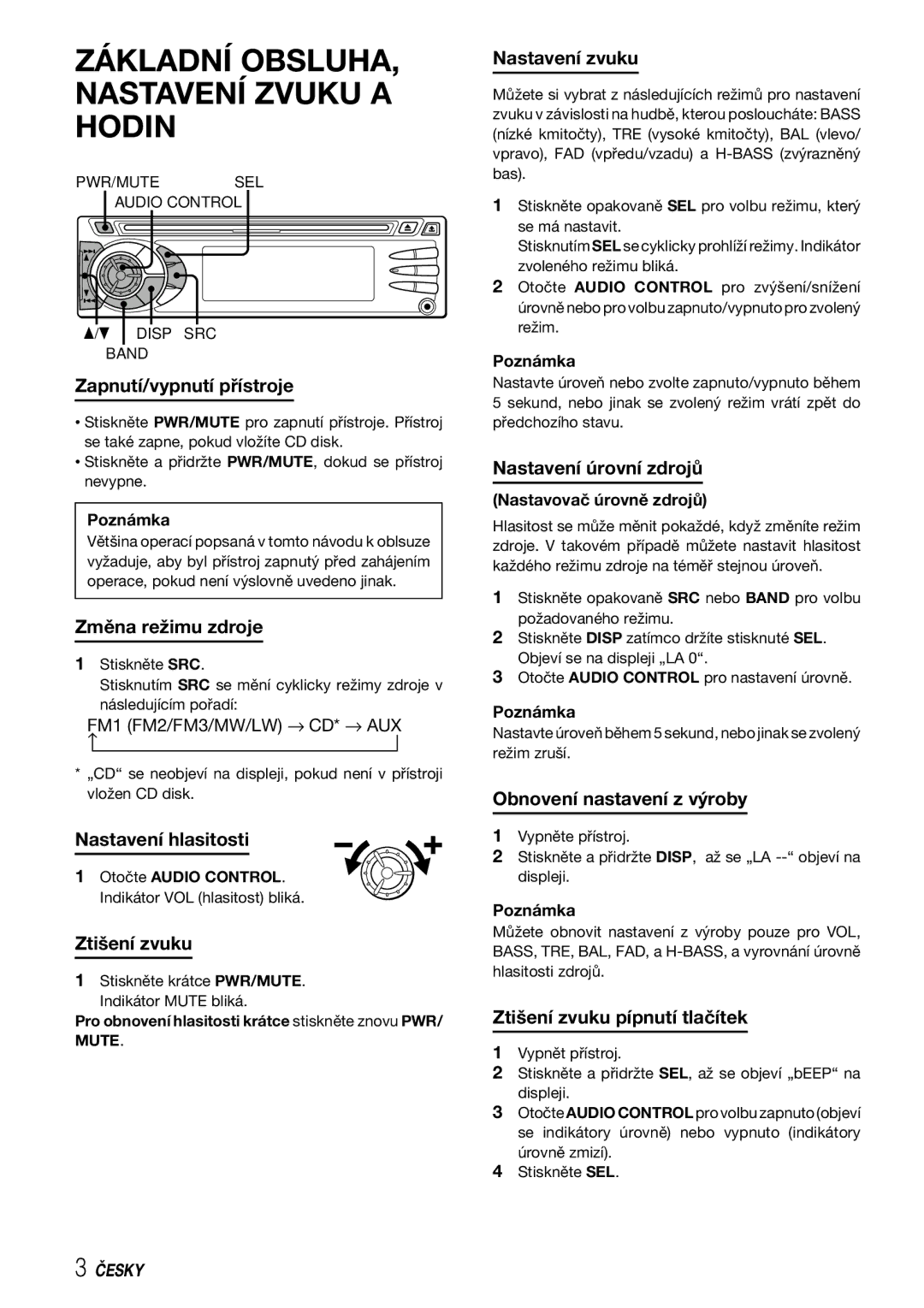 Aiwa CDC-X227 YZ operating instructions Základní OBSLUHA, Nastavení Zvuku a Hodin 