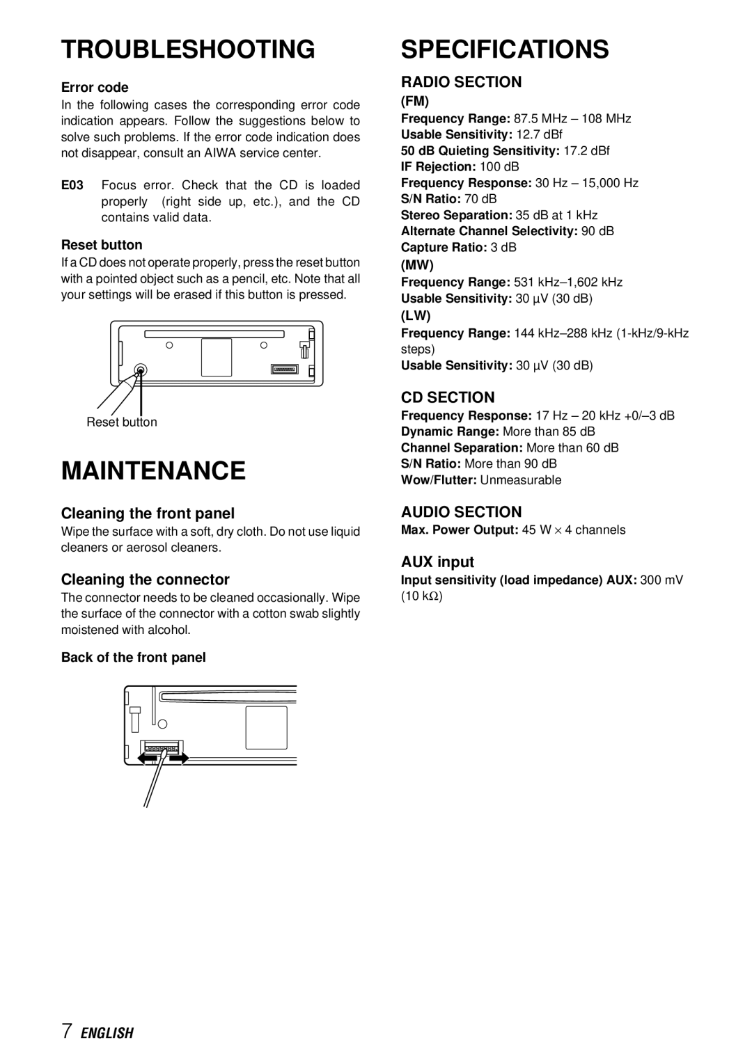 Aiwa CDC-X227 YZ operating instructions Troubleshooting, Maintenance, Specifications 