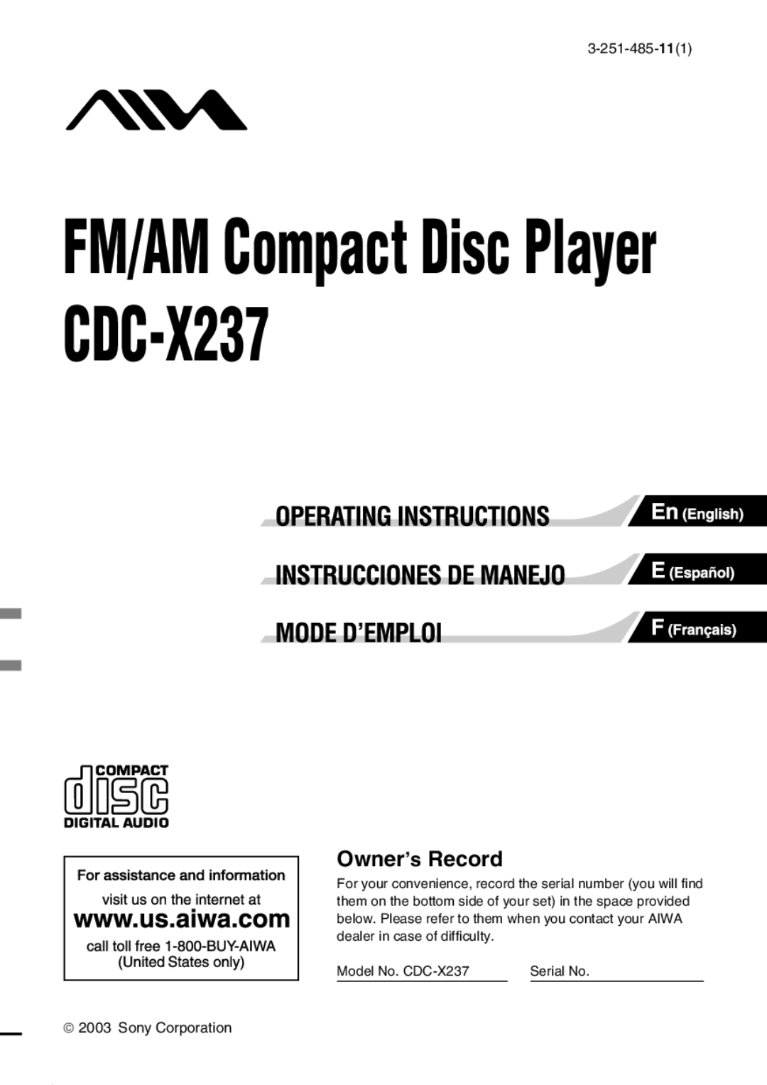 Aiwa manual FM/AM Compact Disc Player CDC-X237 