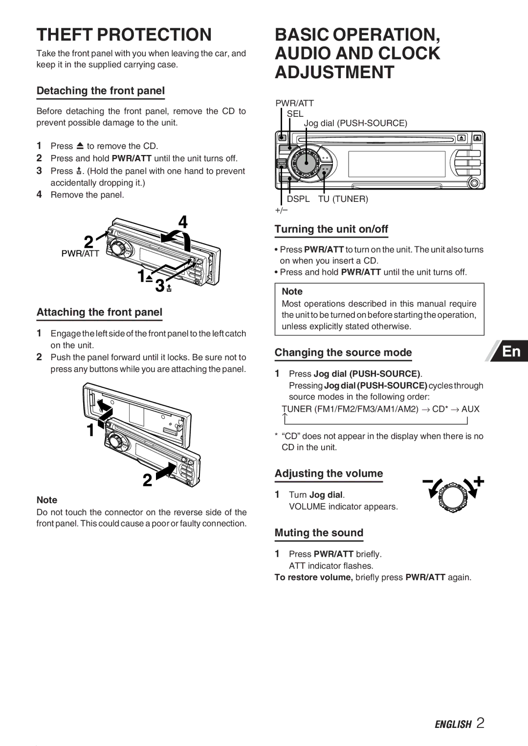 Aiwa CDC-X237 manual Theft Protection, Basic Operation Audio and Clock Adjustment 