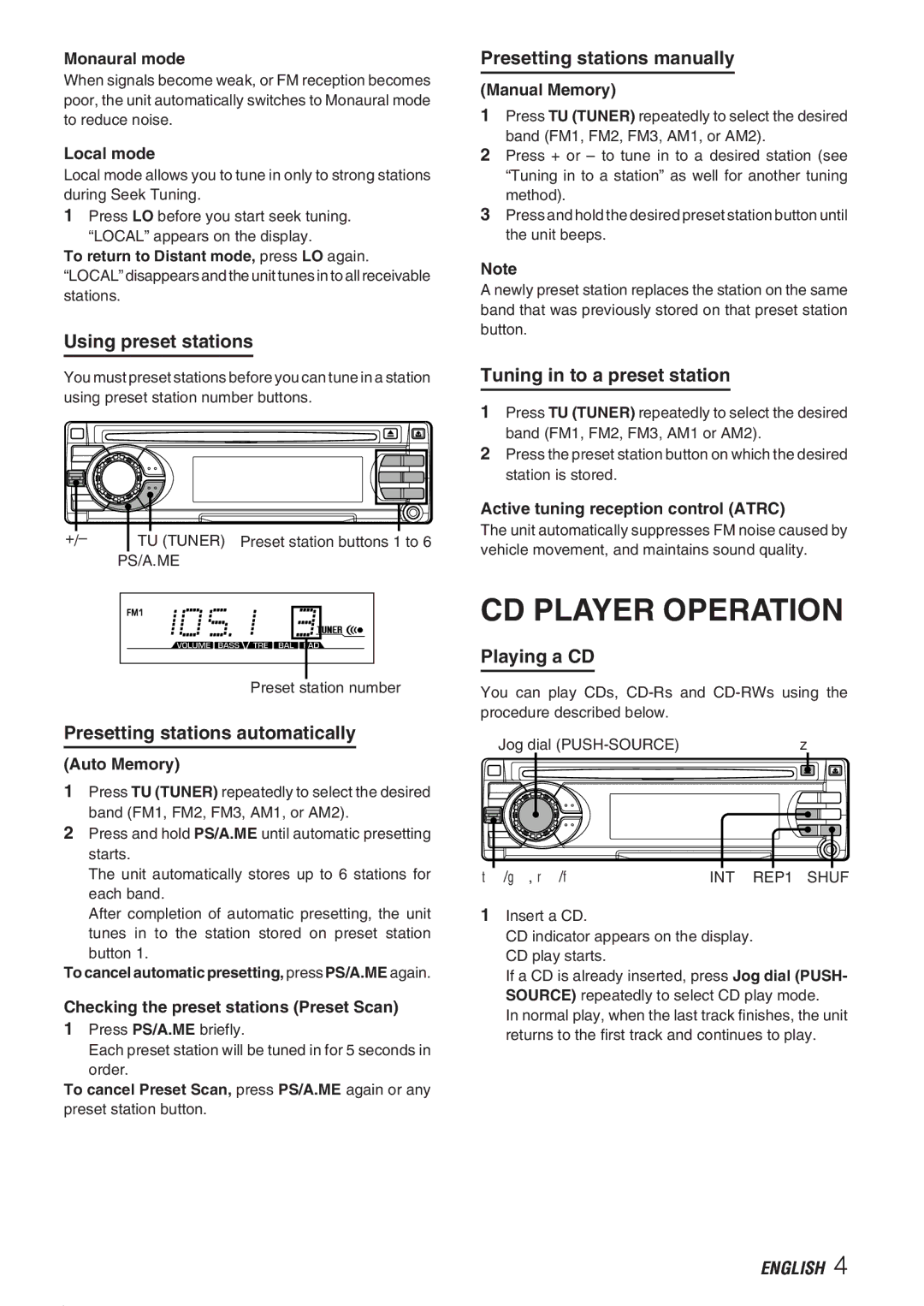 Aiwa CDC-X237 manual CD Player Operation 