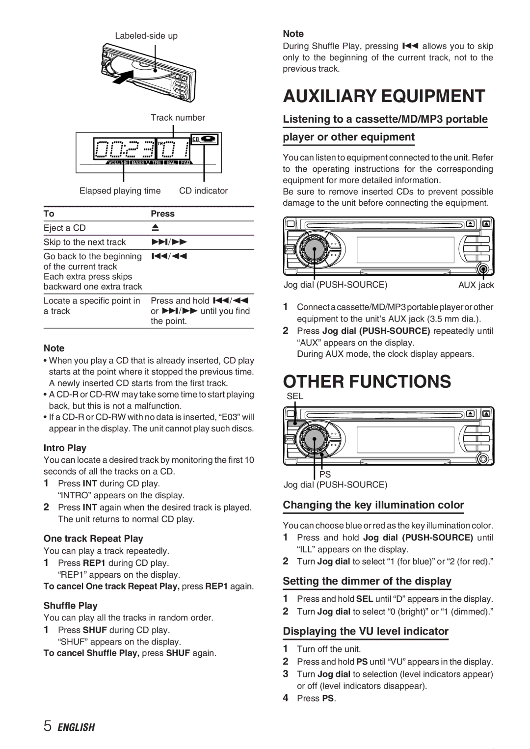 Aiwa CDC-X237 Auxiliary Equipment, Other Functions, Changing the key illumination color, Setting the dimmer of the display 