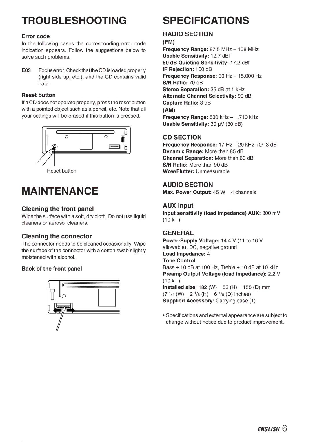 Aiwa CDC-X237 manual Troubleshooting, Maintenance, Specifications 