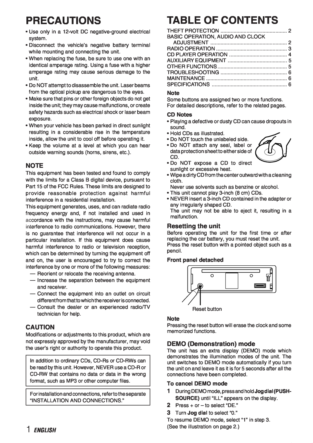 Aiwa CDC-X237 manual Precautions, Table Of Contents, English, Resetting the unit, DEMO Demonstration mode, CD Notes 