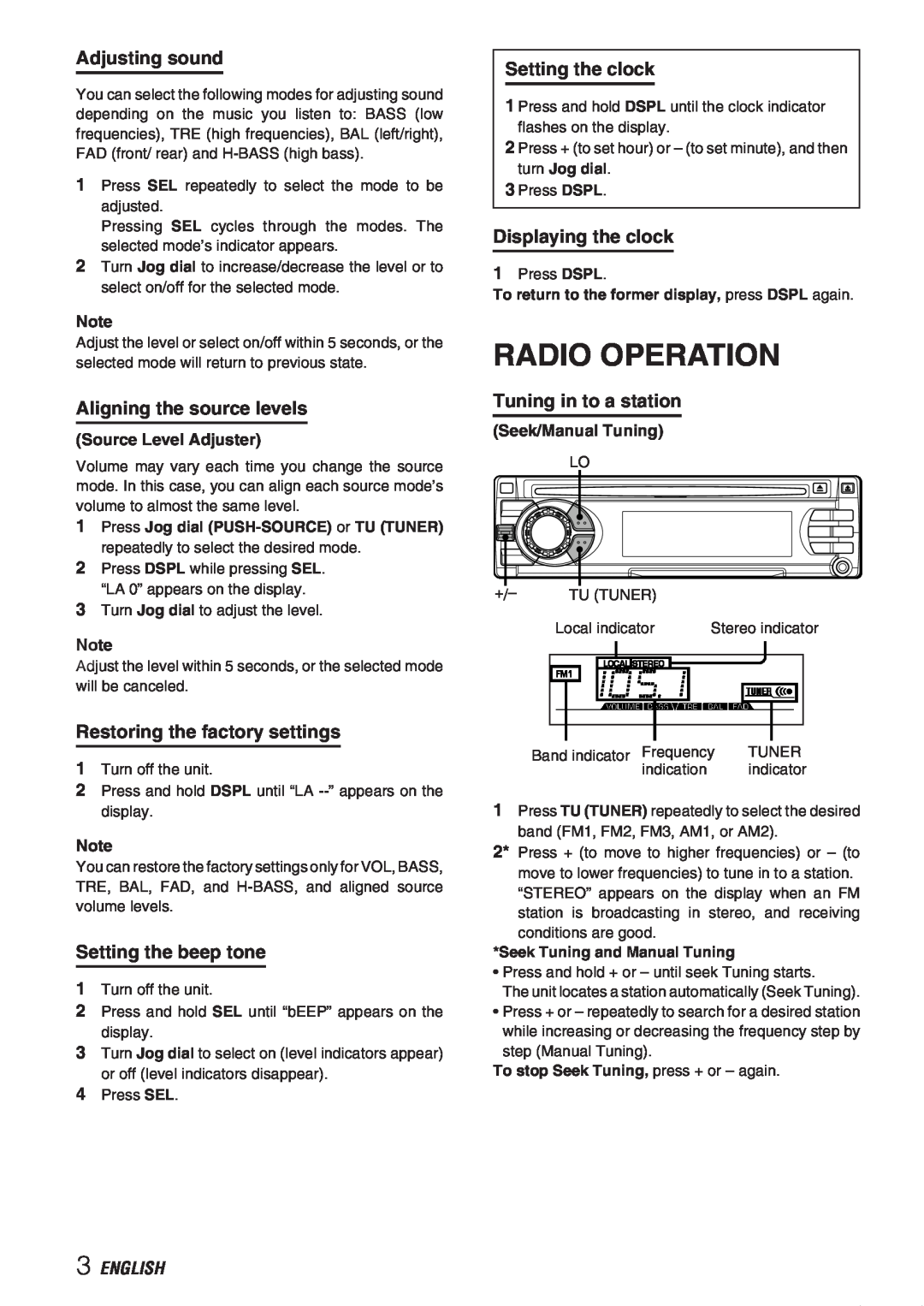 Aiwa CDC-X237 manual Radio Operation, Adjusting sound, Aligning the source levels, Restoring the factory settings, English 