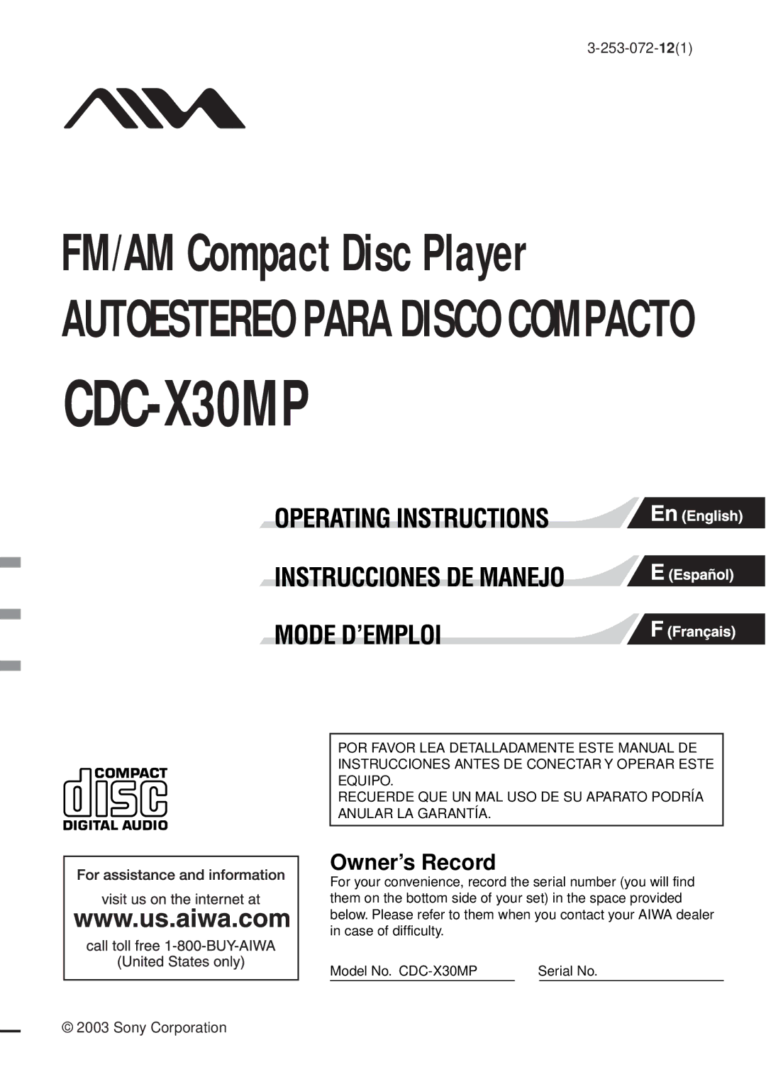 Aiwa CDC-X30MP manual 