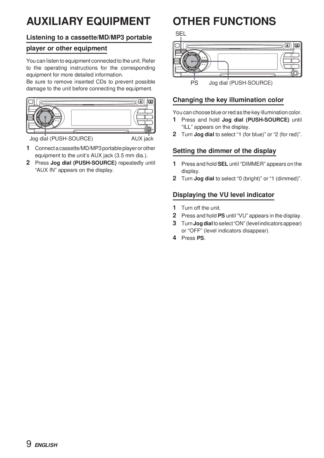 Aiwa CDC-X30MP manual Auxiliary Equipment, Other Functions, Changing the key illumination color 