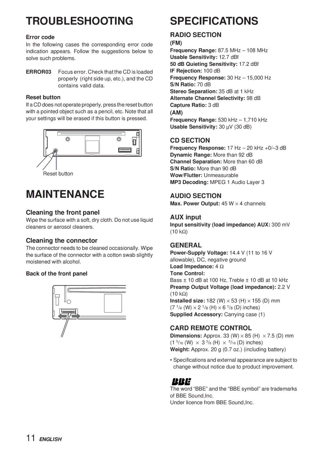 Aiwa CDC-X30MP manual Troubleshooting, Maintenance, Specifications 