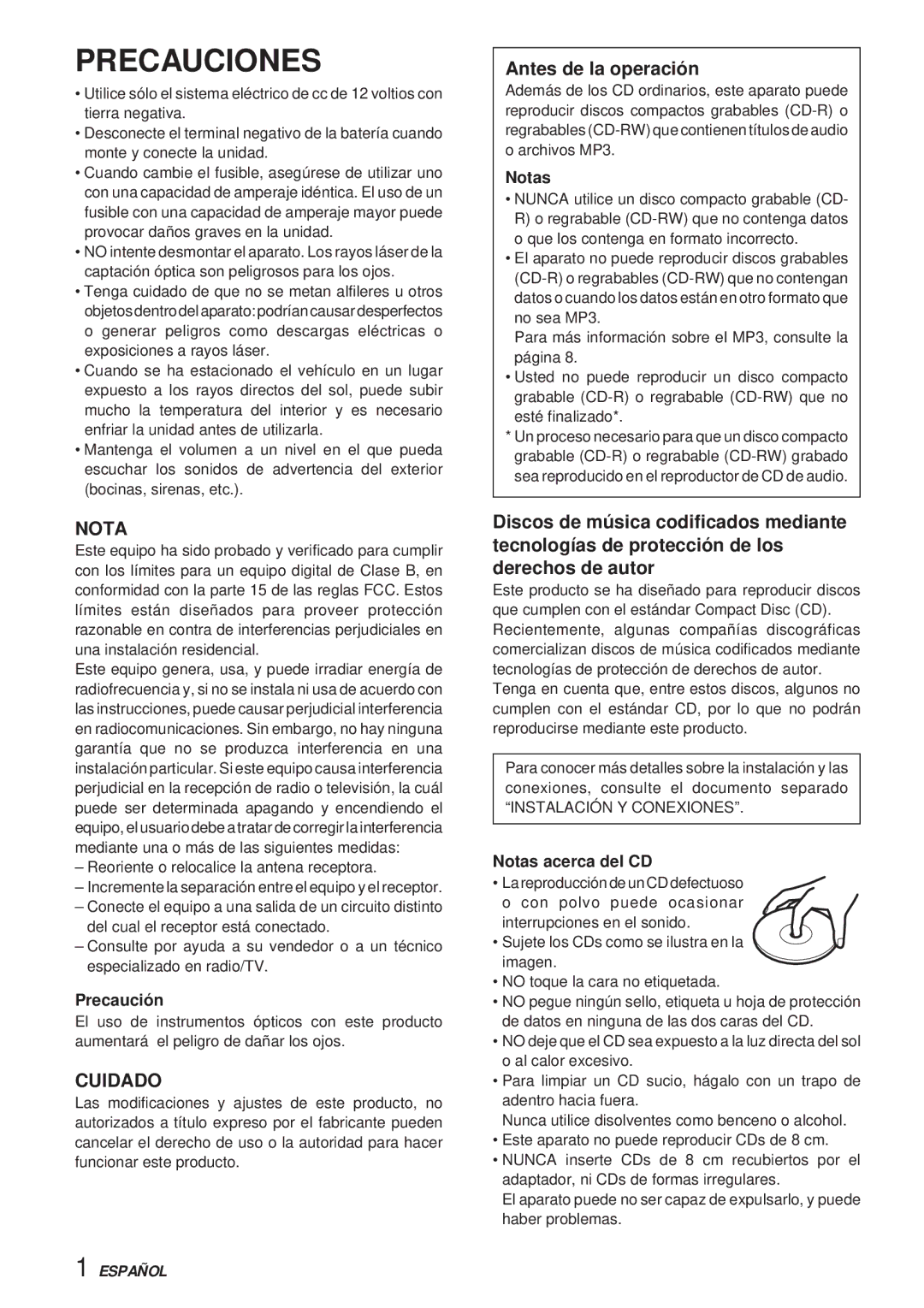 Aiwa CDC-X30MP manual Precauciones, Nota, Cuidado, Antes de la operación 