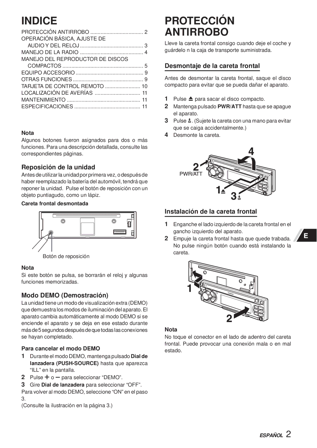 Aiwa CDC-X30MP manual Indice, Protección Antirrobo 