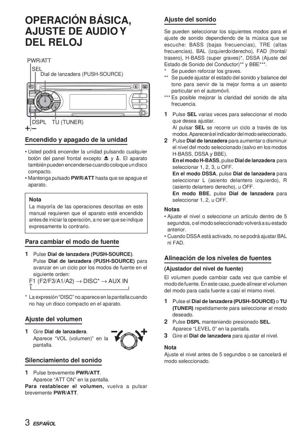 Aiwa CDC-X30MP Encendido y apagado de la unidad, Para cambiar el modo de fuente, Ajuste del volumen, Ajuste del sonido 