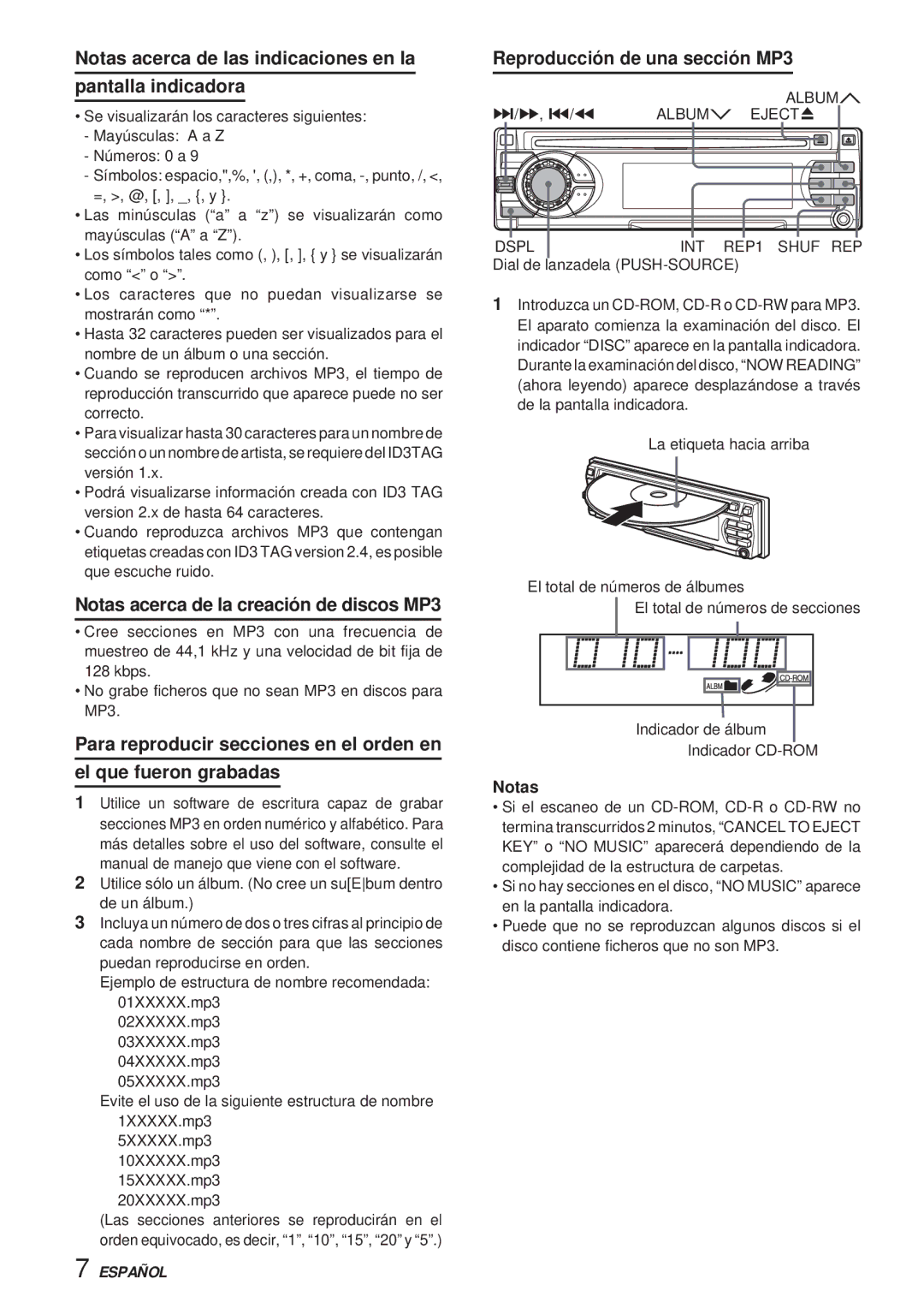 Aiwa CDC-X30MP manual Notas acerca de las indicaciones en la Pantalla indicadora, Albumn 