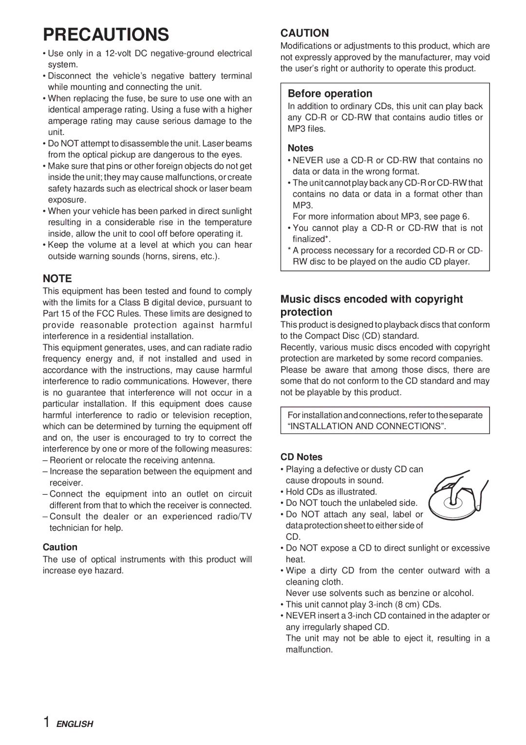 Aiwa CDC-X30MP manual Precautions, Before operation, Music discs encoded with copyright protection, CD Notes 