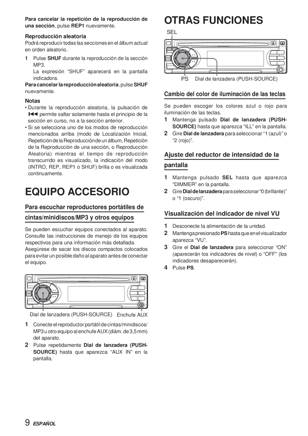 Aiwa CDC-X30MP manual Equipo Accesorio, Otras Funciones, Cambio del color de iluminación de las teclas 