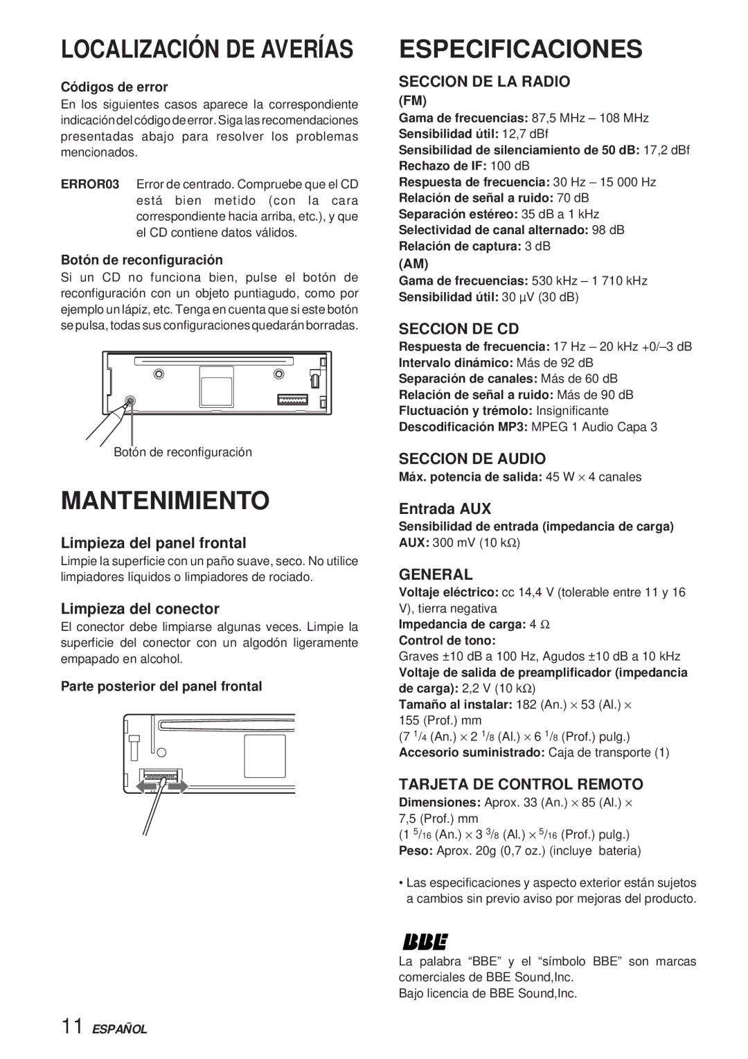 Aiwa CDC-X30MP manual Mantenimiento, Especificaciones 