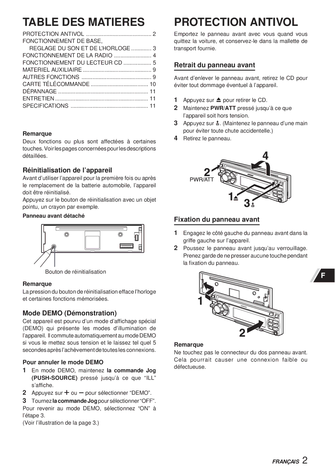 Aiwa CDC-X30MP manual Table DES Matieres, Protection Antivol 