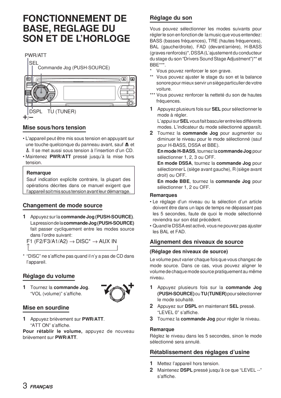 Aiwa CDC-X30MP Mise sous/hors tension, Changement de mode source, Réglage du volume, Mise en sourdine, Réglage du son 