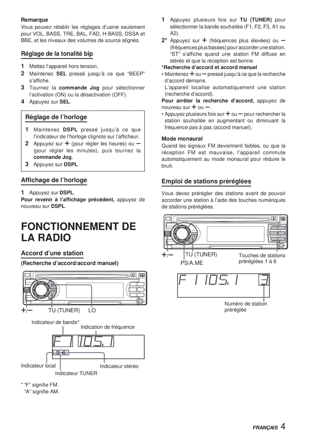 Aiwa CDC-X30MP Fonctionnement DE LA Radio, Réglage de la tonalité bip, Réglage de l’horloge, Emploi de stations préréglées 