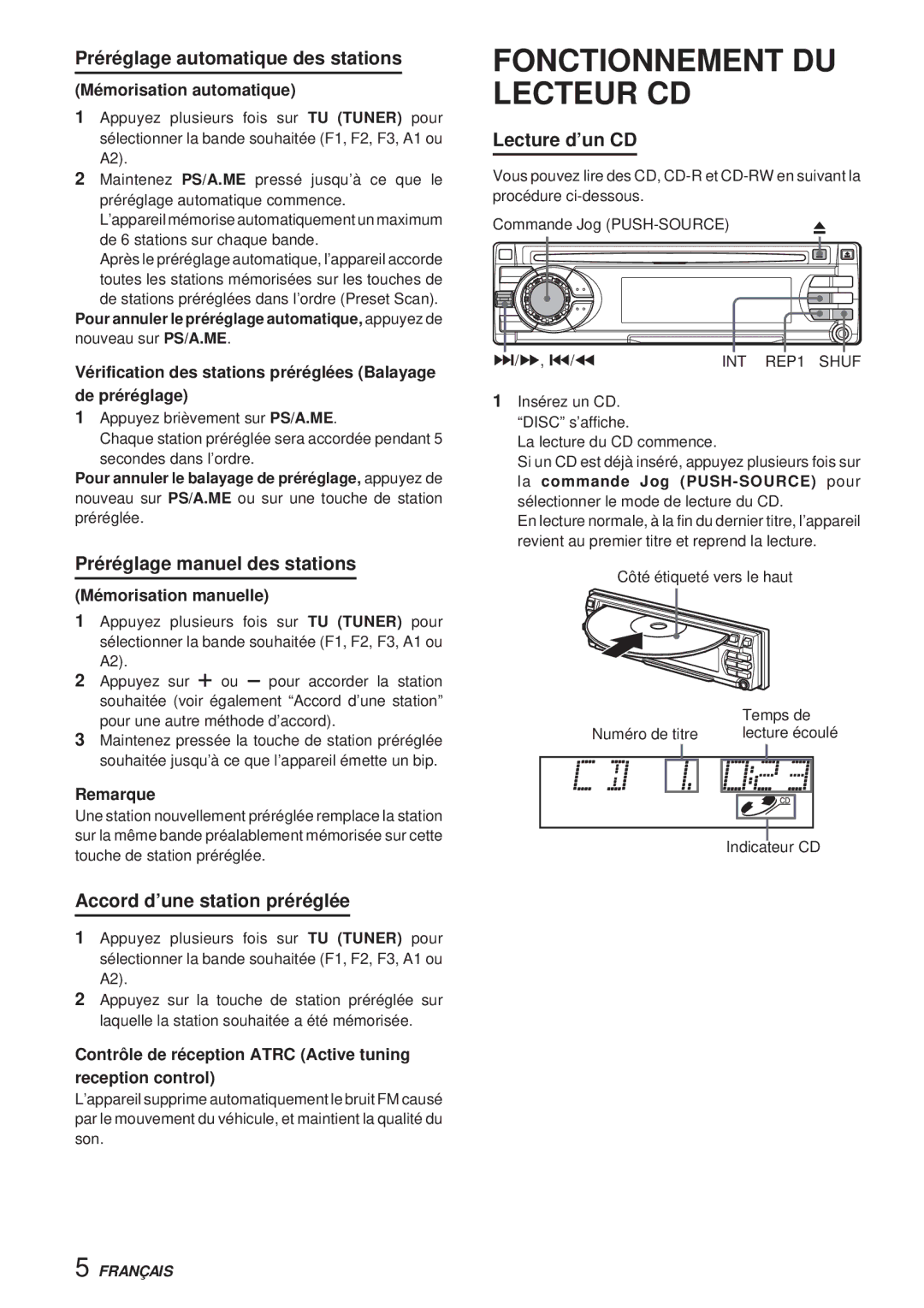 Aiwa CDC-X30MP manual Fonctionnement DU Lecteur CD, Préréglage automatique des stations, Préréglage manuel des stations 