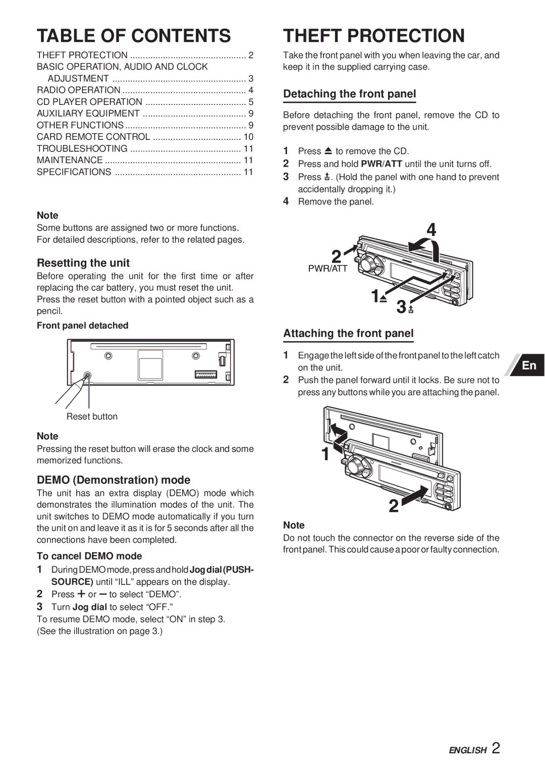 Aiwa CDC-X30MP manual Table of Contents, Theft Protection 