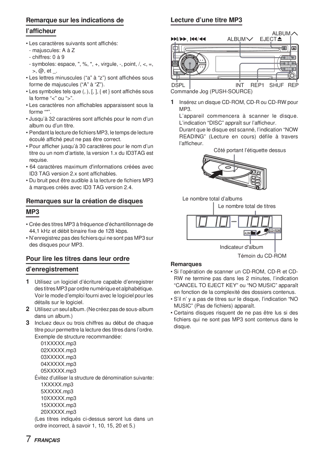 Aiwa CDC-X30MP manual Remarque sur les indications de ’afficheur, Remarques sur la création de disques, MP3 