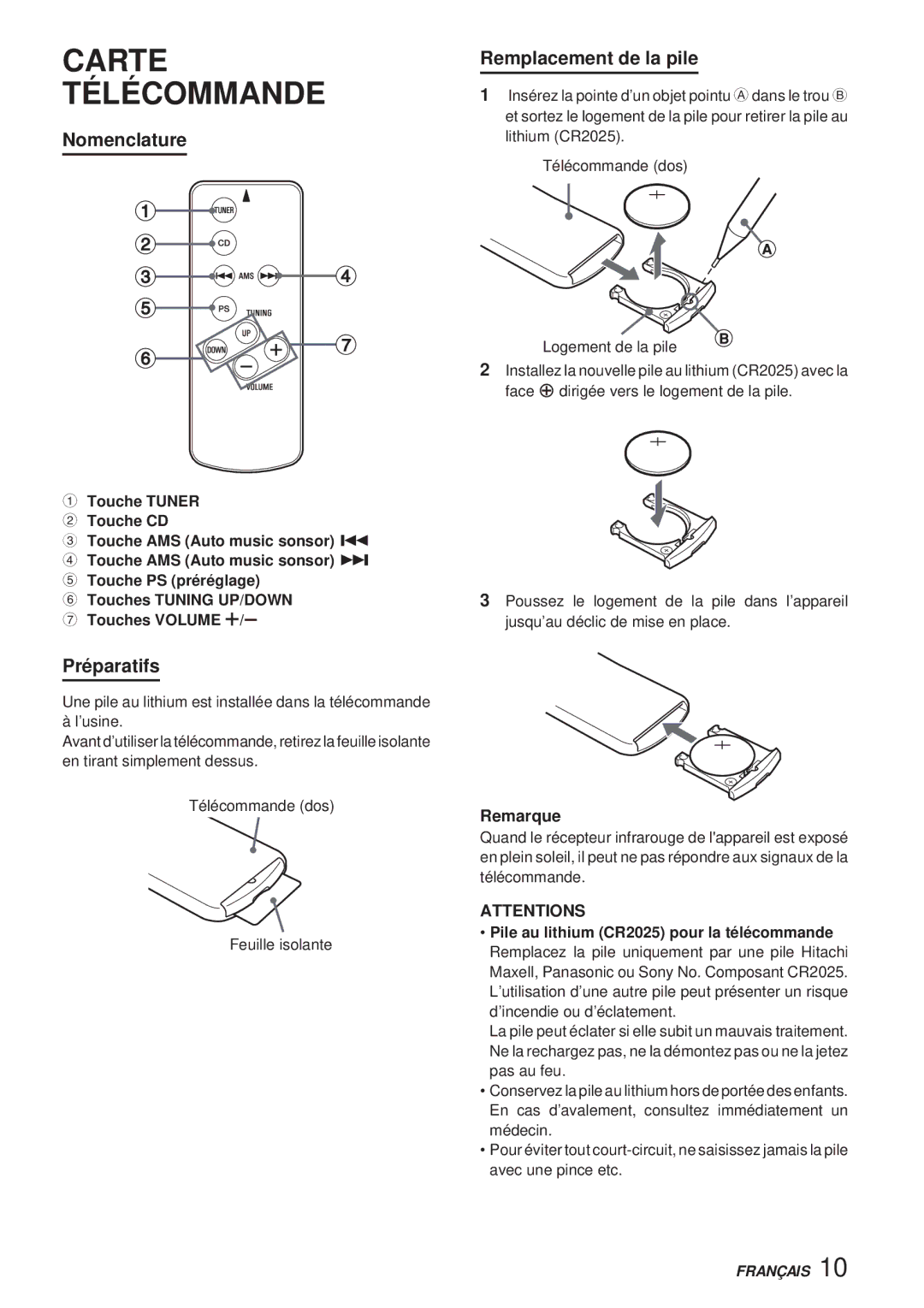 Aiwa CDC-X30MP manual Carte Télécommande, Nomenclature, Préparatifs, Remplacement de la pile 