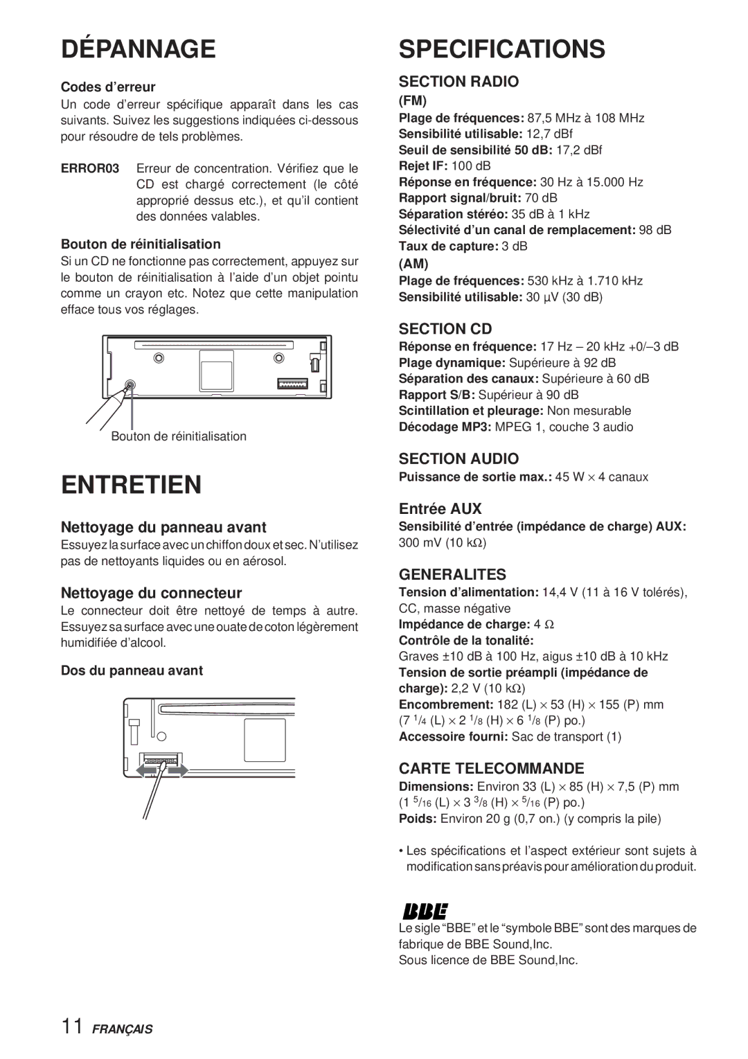 Aiwa CDC-X30MP manual Dépannage, Entretien 