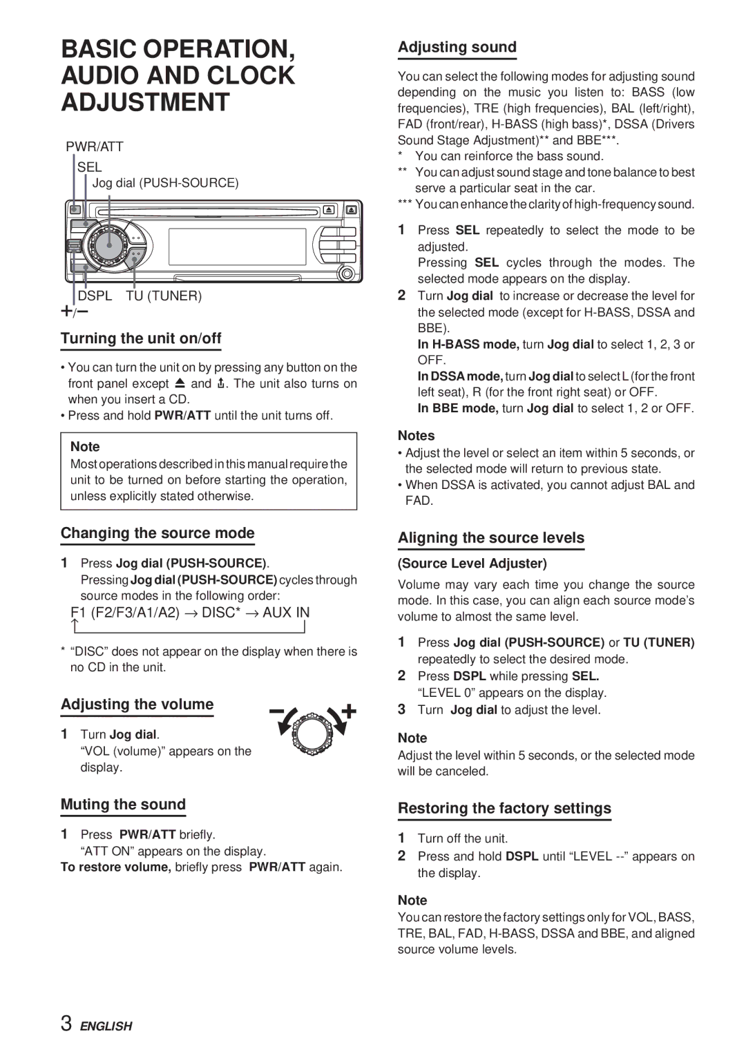 Aiwa CDC-X30MP manual Basic OPERATION, Audio and Clock Adjustment 