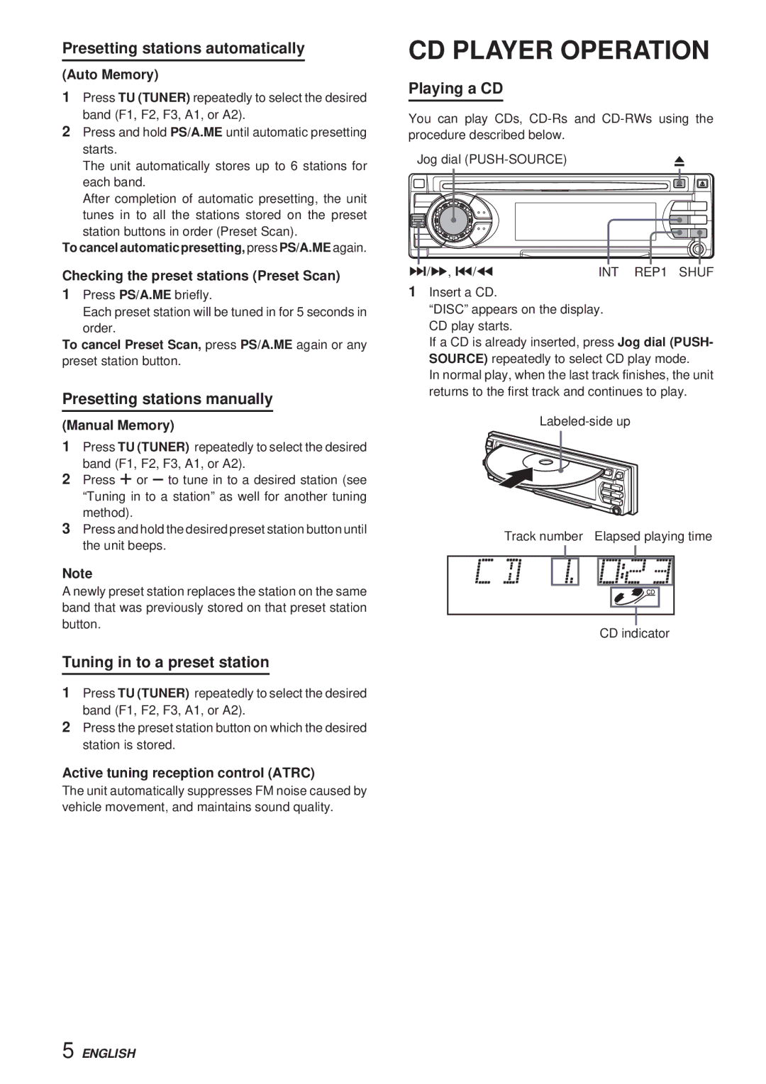 Aiwa CDC-X30MP CD Player Operation, Presetting stations automatically, Presetting stations manually, Playing a CD 