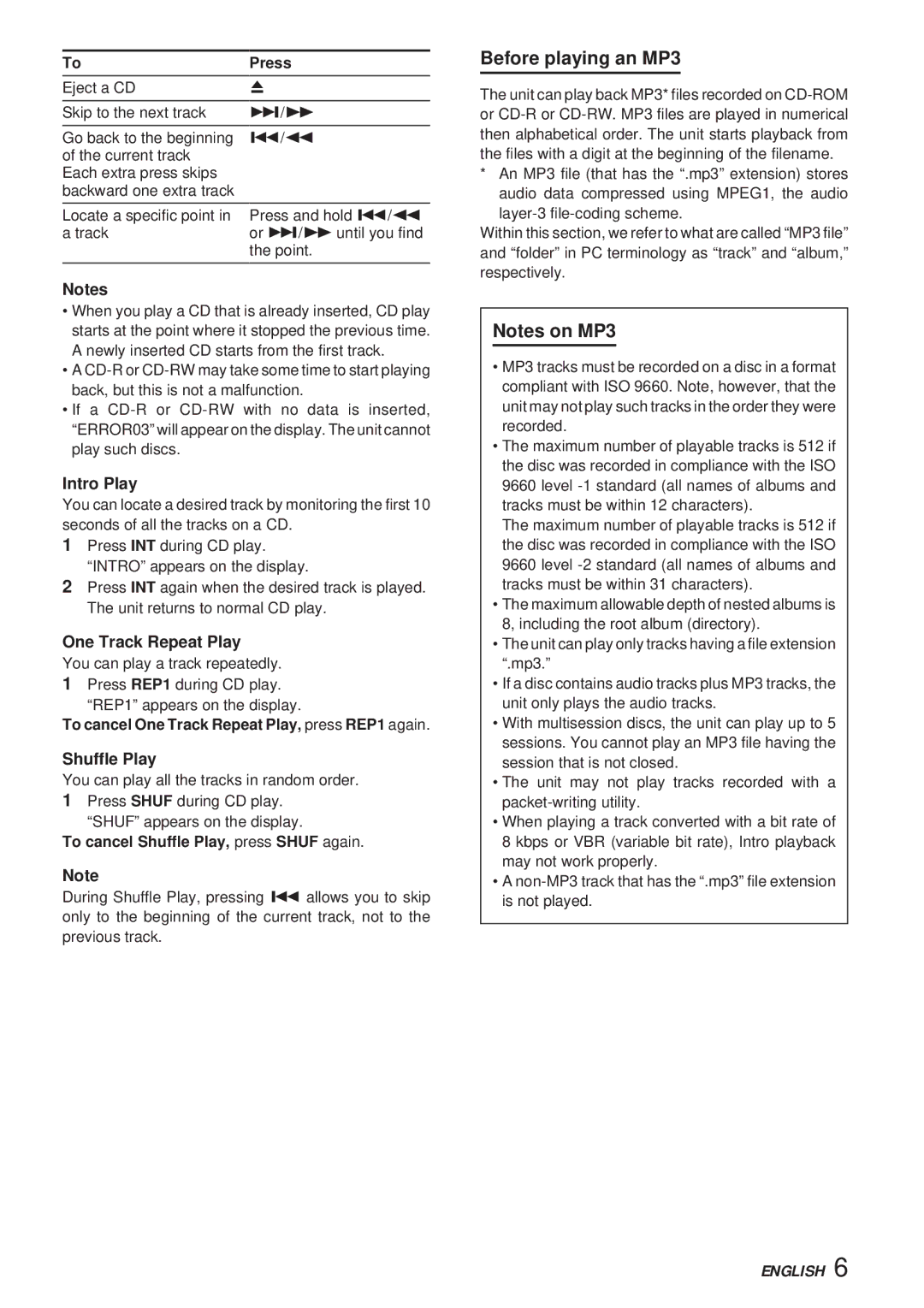 Aiwa CDC-X30MP manual Before playing an MP3, Intro Play, One Track Repeat Play, Shuffle Play 