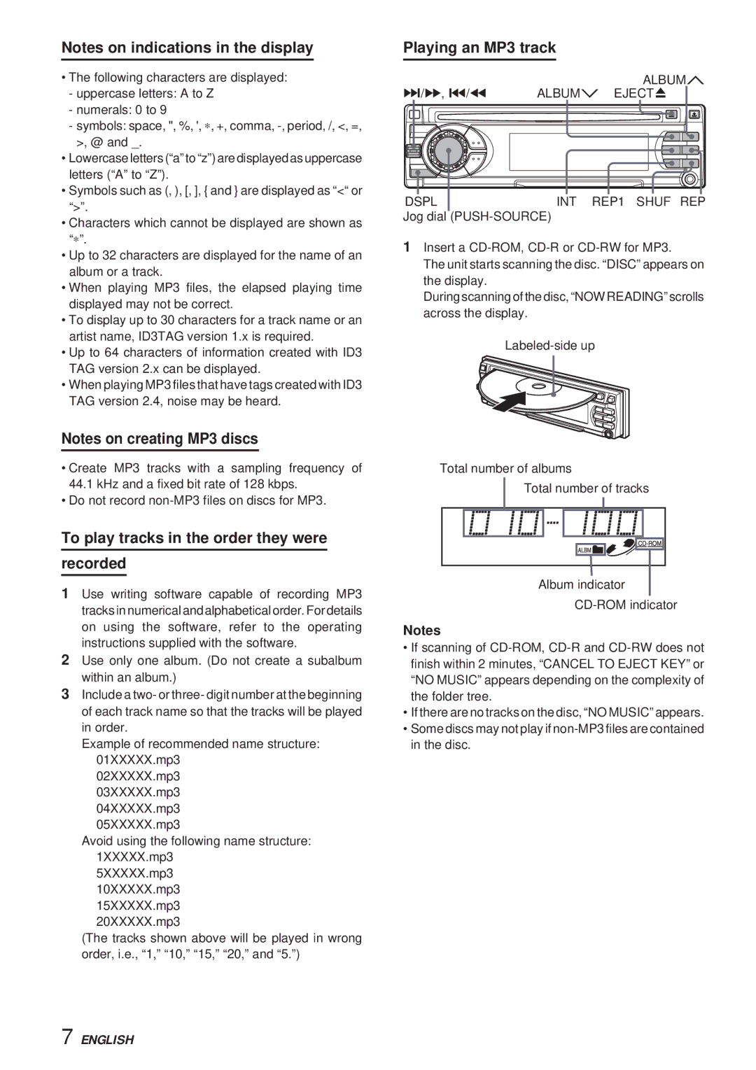 Aiwa CDC-X30MP manual Playing an MP3 track, To play tracks in the order they were Recorded, Albumn, Dspl INT REP1 Shuf REP 