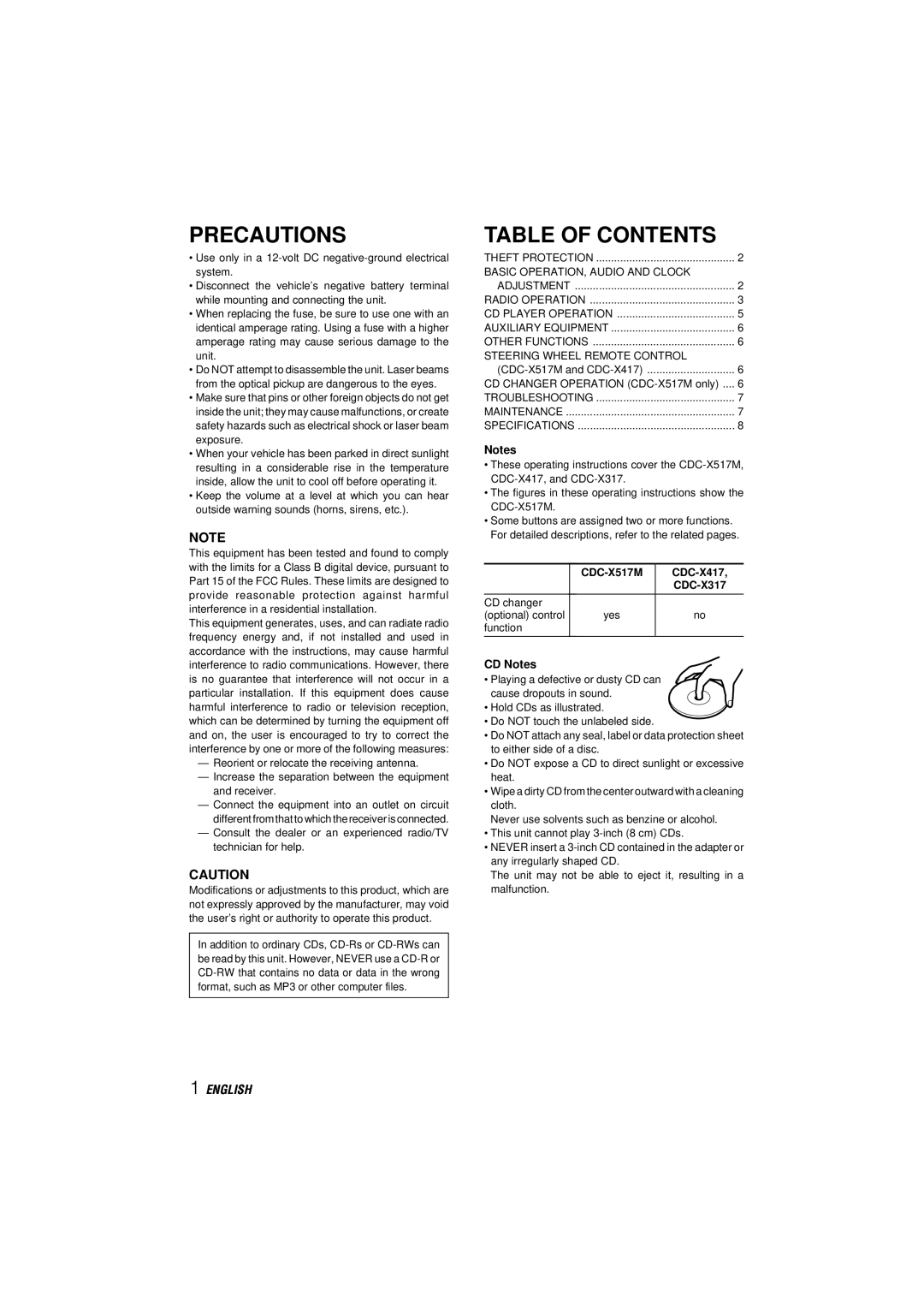 Aiwa CDC-X317, CDC-X517M, CDC-X417 operating instructions Precautions, Table of Contents 