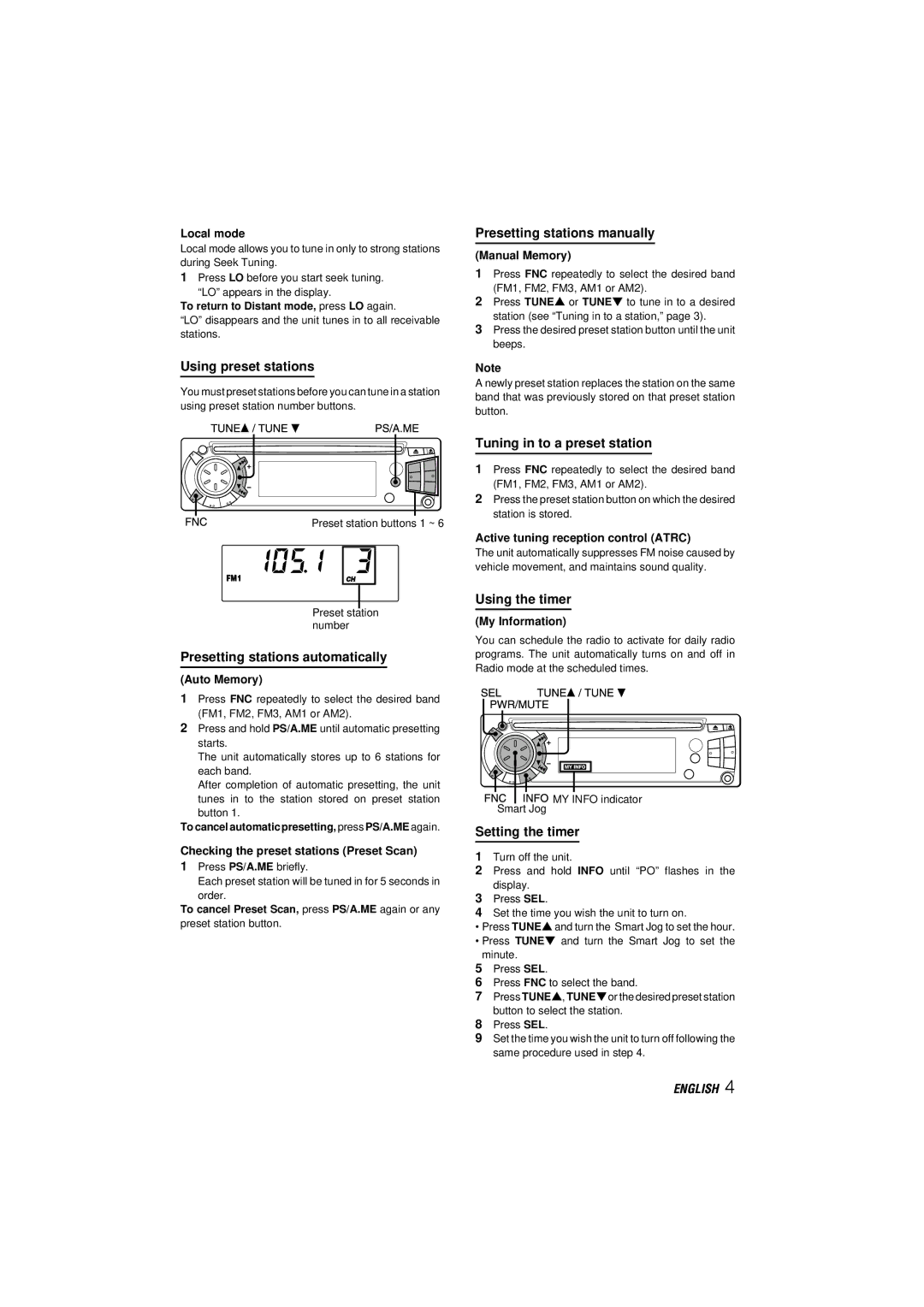 Aiwa CDC-X317 Using preset stations, Presetting stations manually, Presetting stations automatically, Using the timer 