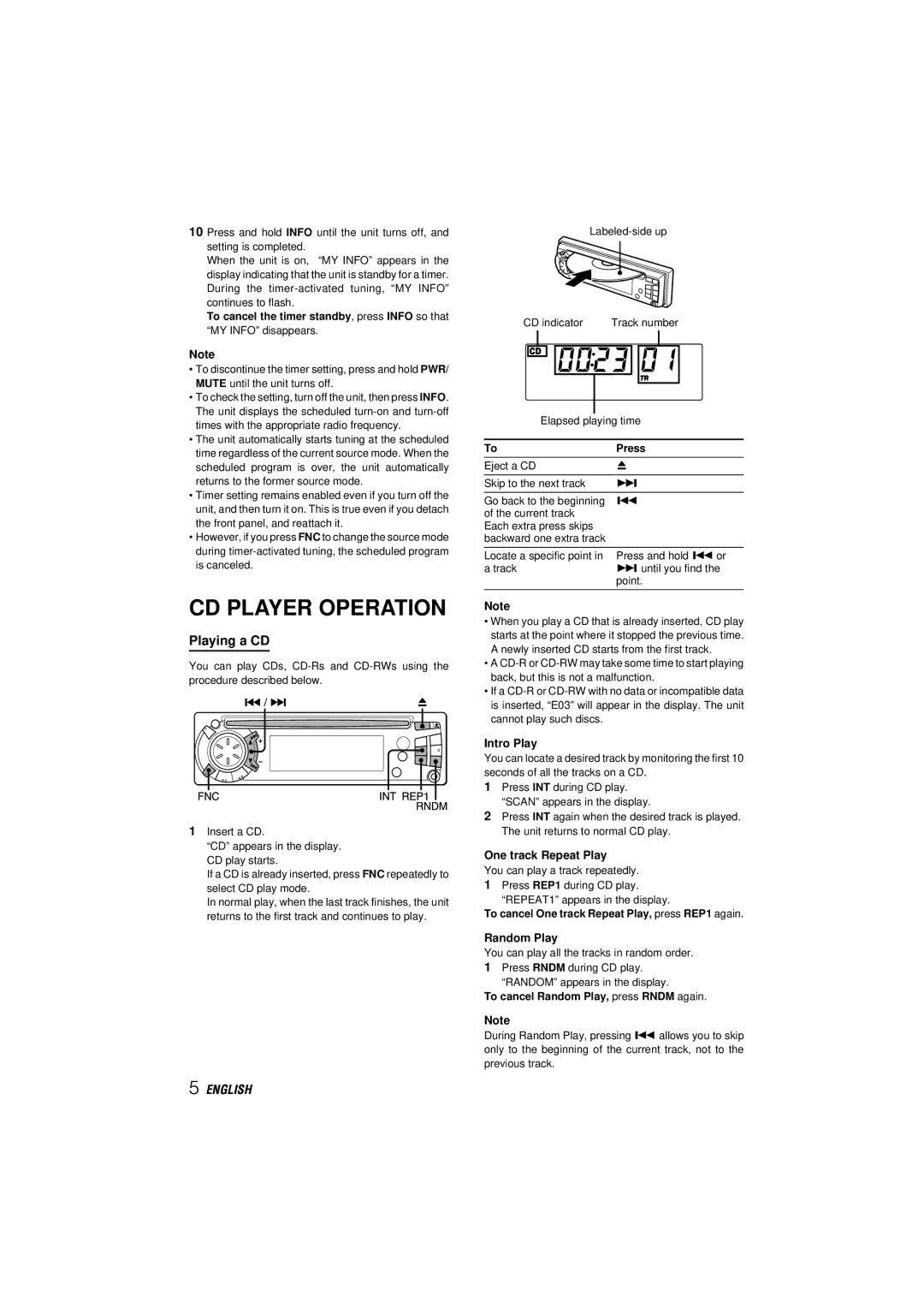 Aiwa CDC-X517M, CDC-X417, CDC-X317 CD Player Operation, Playing a CD, Intro Play, One track Repeat Play, Random Play 