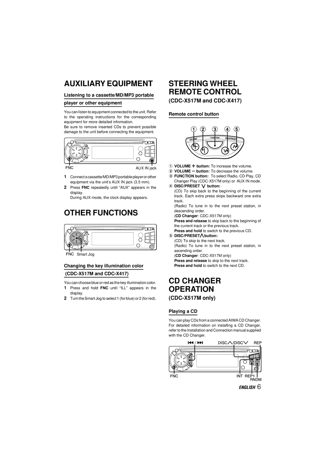 Aiwa CDC-X417, CDC-X517M, CDC-X317 Auxiliary Equipment, Other Functions, CD Changer Operation, Remote control button 