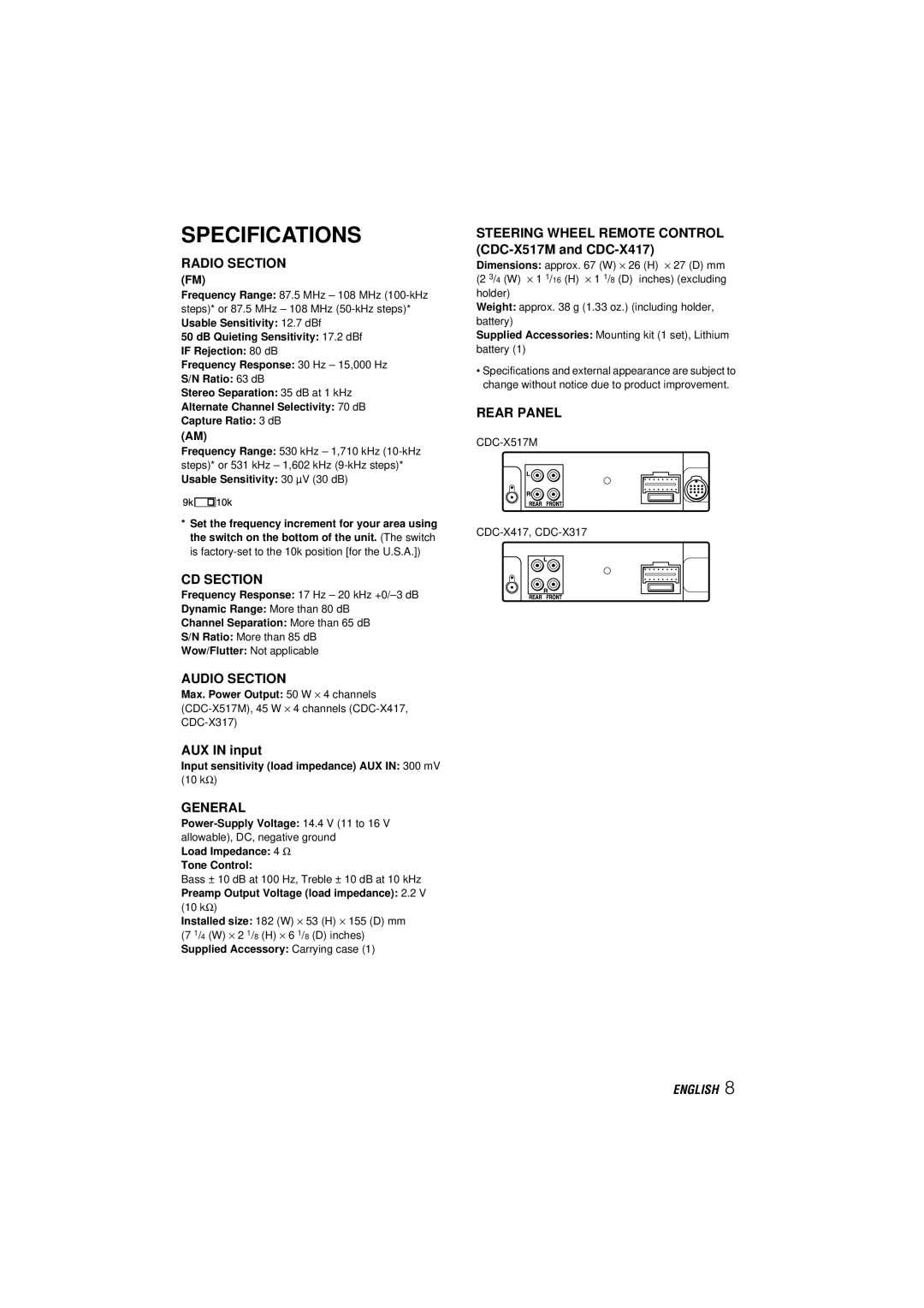 Aiwa CDC-X317 operating instructions Specifications, Steering Wheel Remote Control CDC-X517M and CDC-X417, AUX in input 