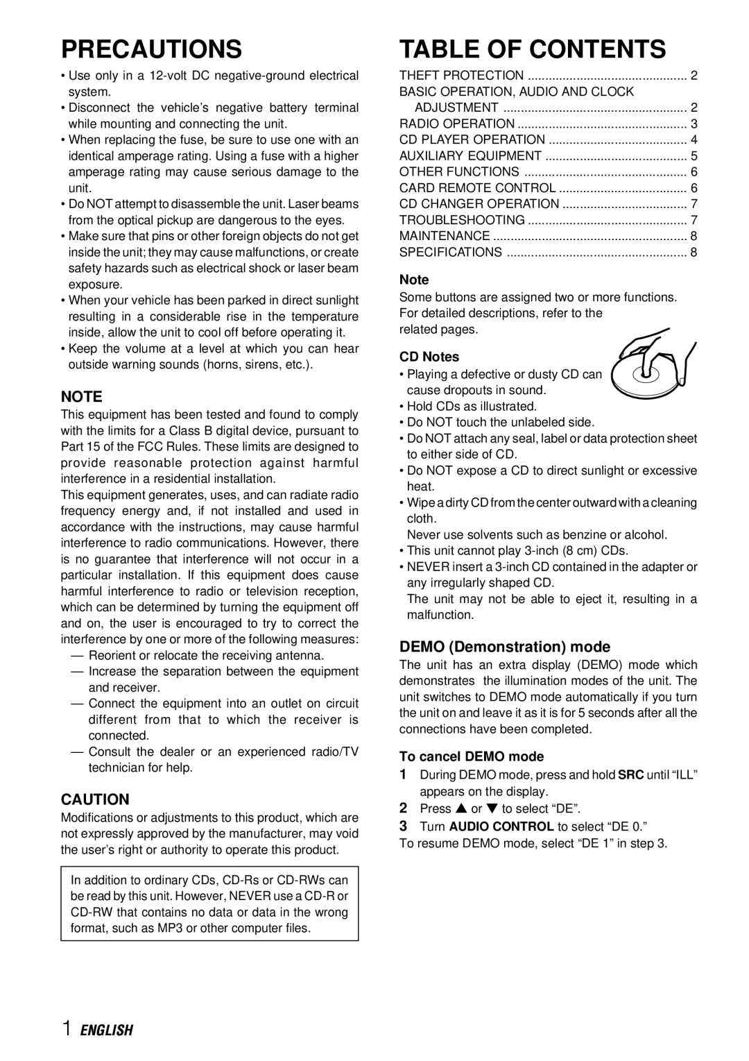 Aiwa CDC-X527M operating instructions Precautions, Table of Contents 