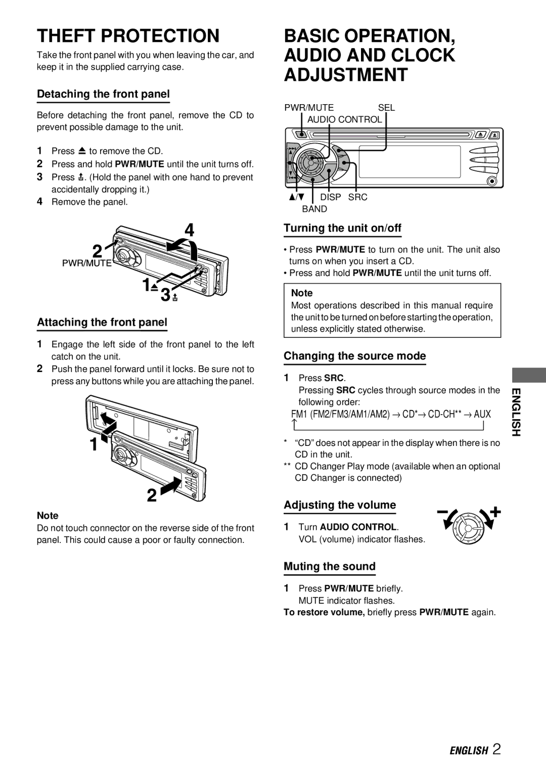 Aiwa CDC-X527M operating instructions Theft Protection, Basic Operation Audio and Clock Adjustment 