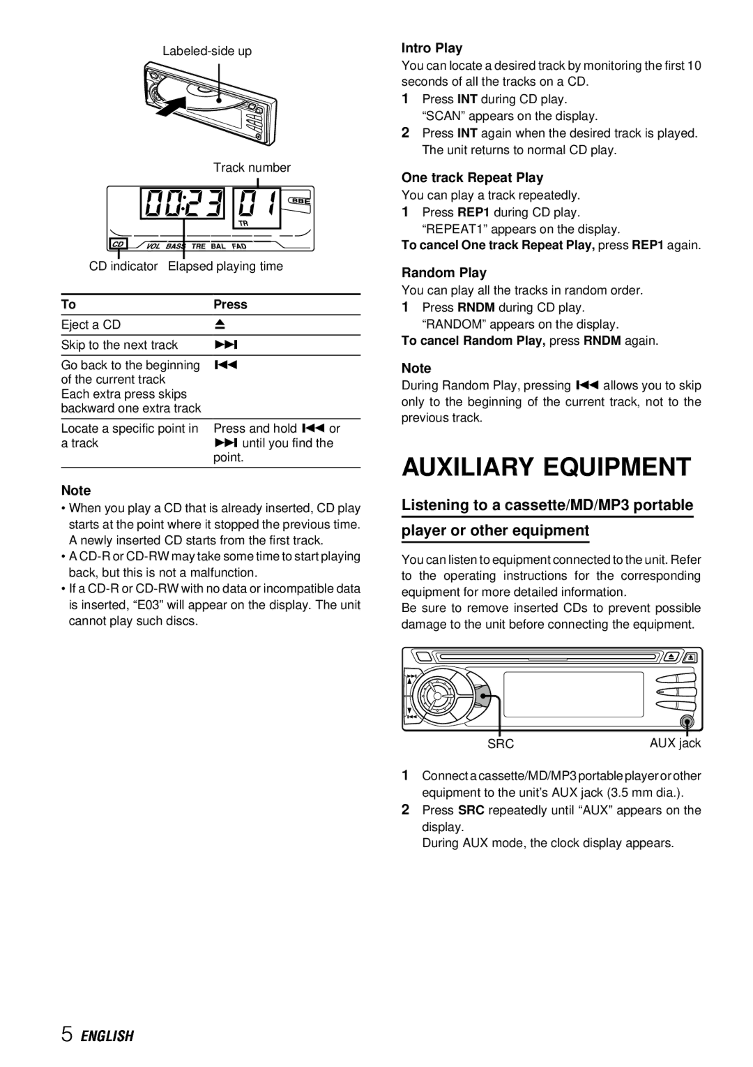 Aiwa CDC-X527M operating instructions Auxiliary Equipment, Intro Play, One track Repeat Play, Random Play, Src 