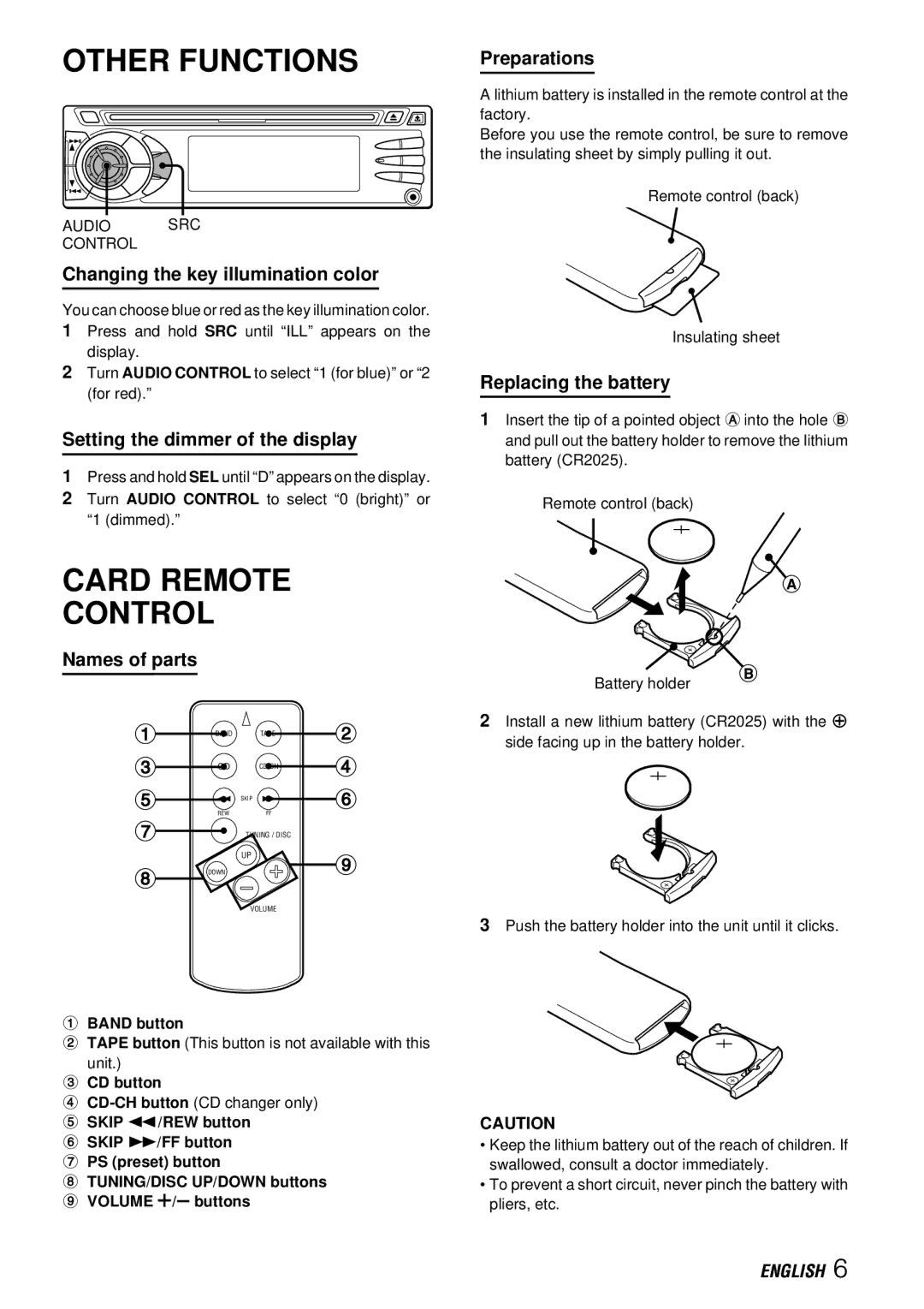 Aiwa CDC-X527M operating instructions Other Functions, Card Remote Control 