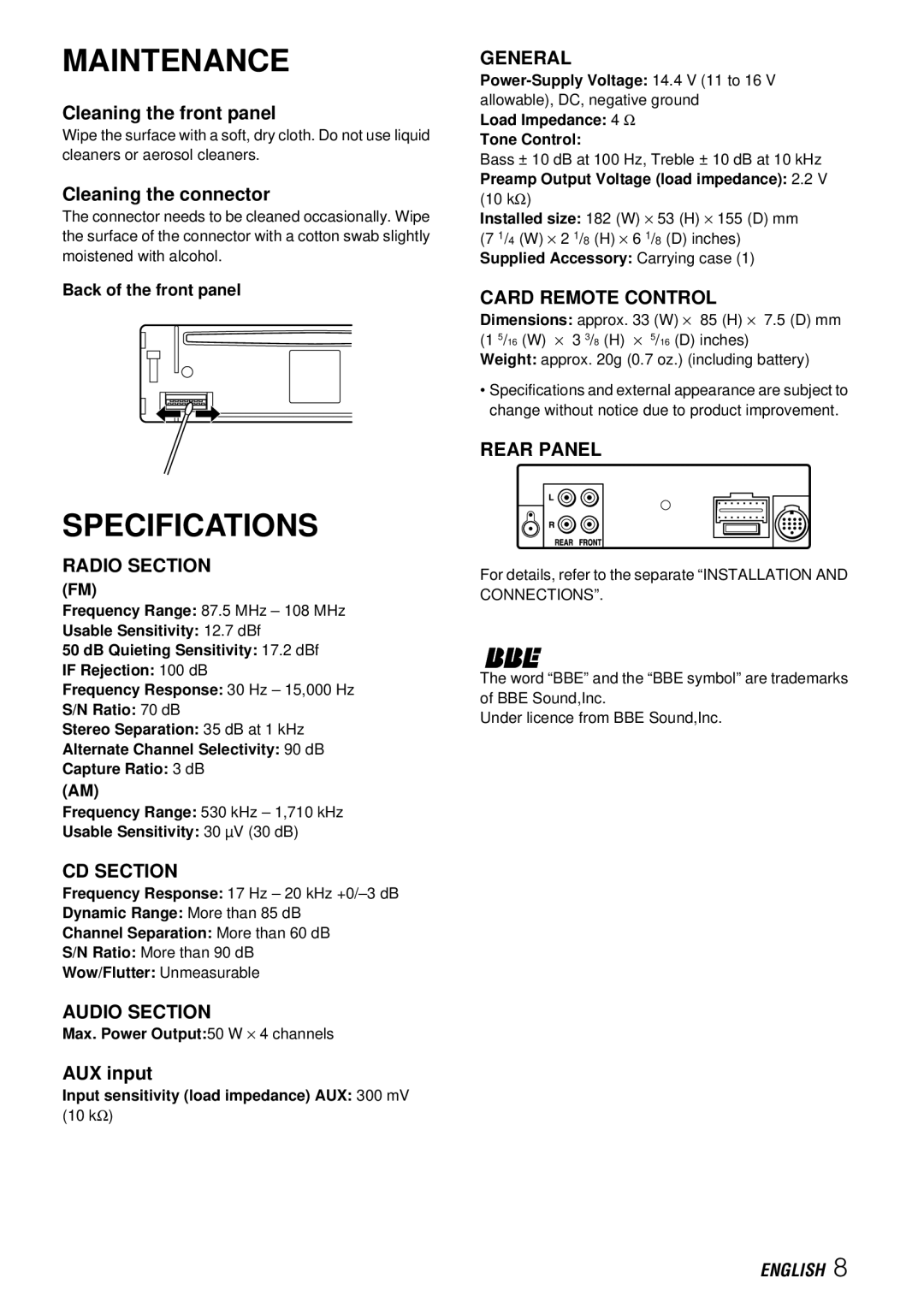 Aiwa CDC-X527M Maintenance, Specifications, Cleaning the front panel, Cleaning the connector, AUX input 