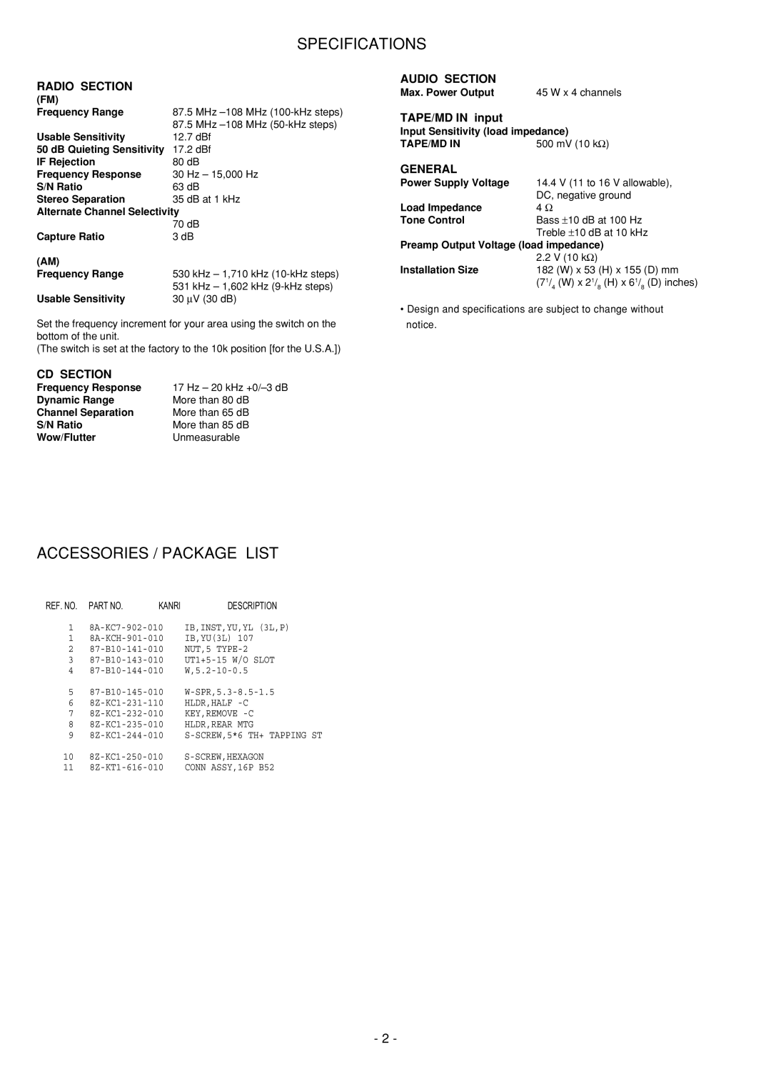 Aiwa CDC-Z107 service manual Specifications, Accessories / Package List 