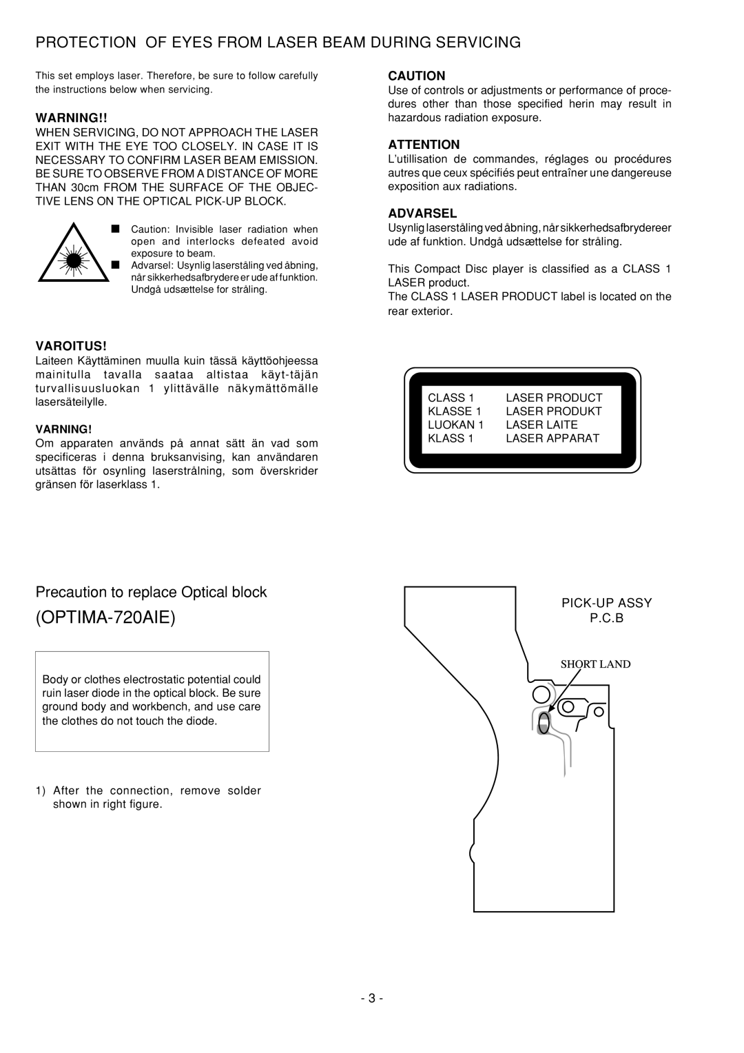 Aiwa CDC-Z107 service manual Protection of Eyes from Laser Beam During Servicing, Tive Lens on the Optical PICK-UP Block 