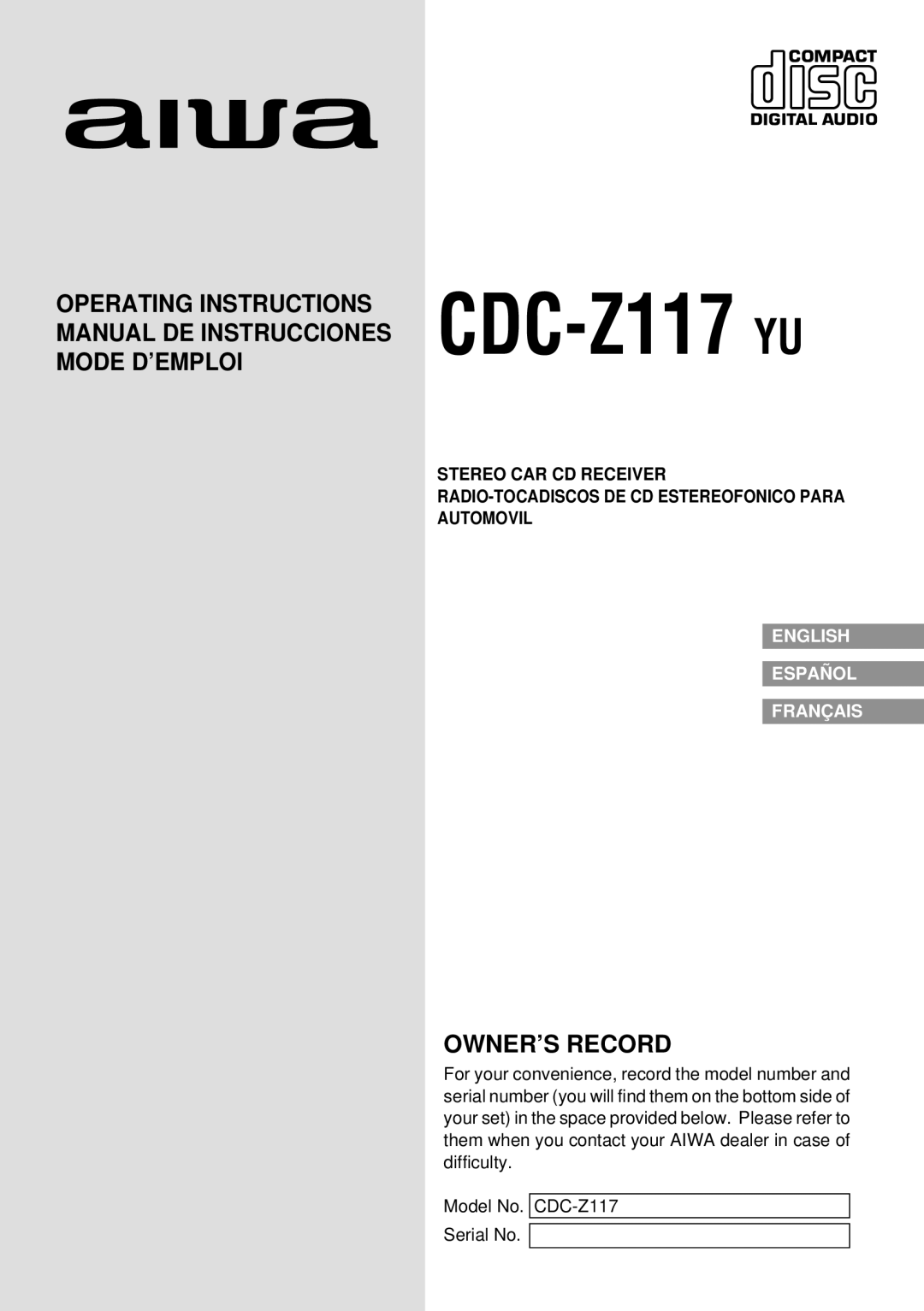 Aiwa operating instructions CDC-Z117 YU 